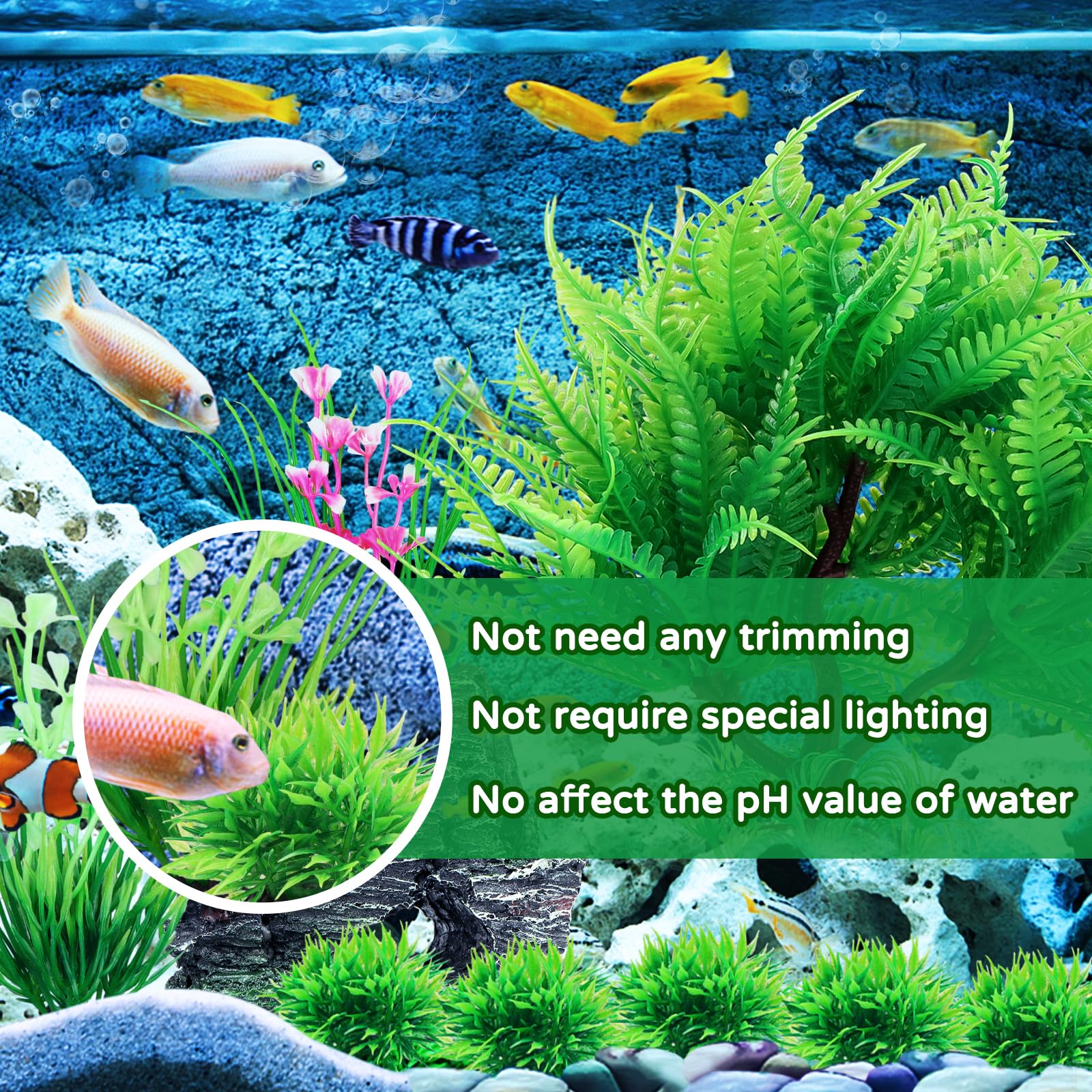 QUOZUO 9 Pièces Petit Taille Plantes d'aquarium Plastique Décoration et Rocher Polyrésine Grotte Ornement Decoration