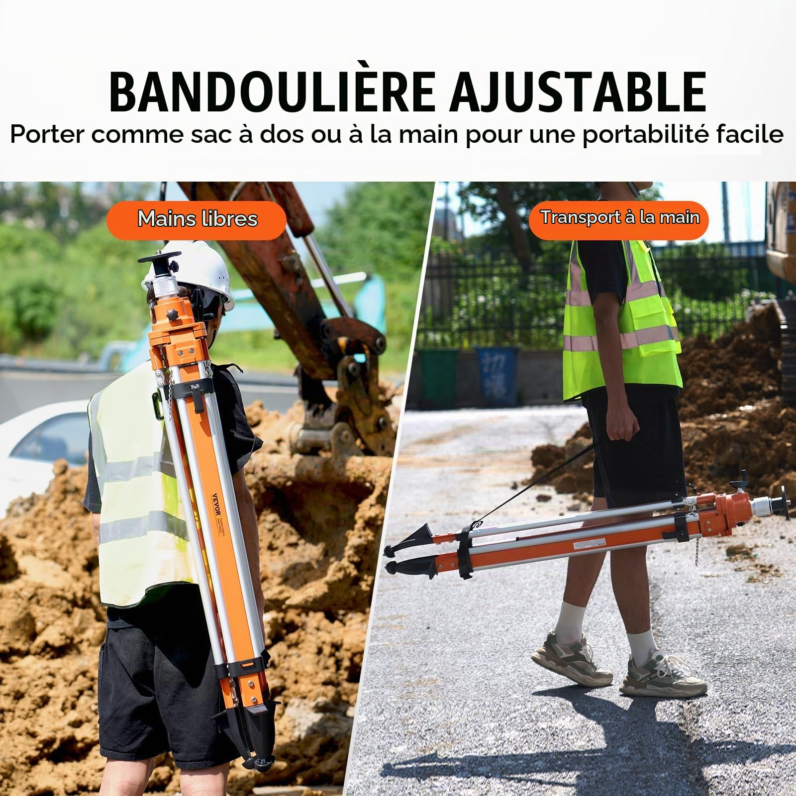 VEVOR Trépied de Niveau Laser, Filetage 5/8"-11, Trépied d'Arpentage Robuste, Réglable en Hauteur 1145-2905 mm, Bulle de Niveau, Limiteur de Diffusion, Pieds Antidérapants Relevables pour Construction