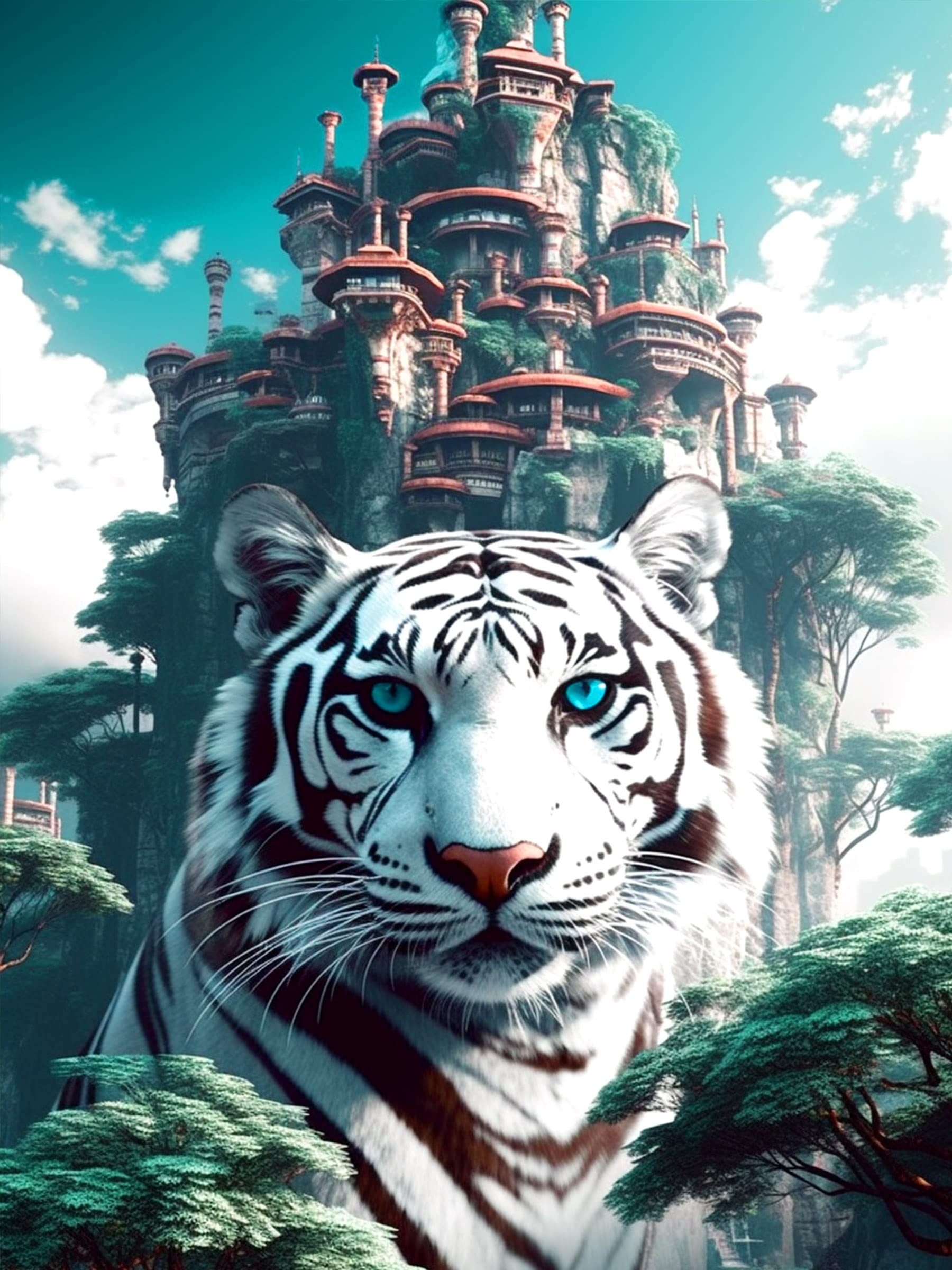 Bimkole 5D Diamond Painting Kits White Tiger, Full Drill Animal Tree House DIY Rhinestone Embroidery Set Paint with Diamonds Art by Number Kits Cross Stitch Home Wall Craft Decoration 12X16 inch