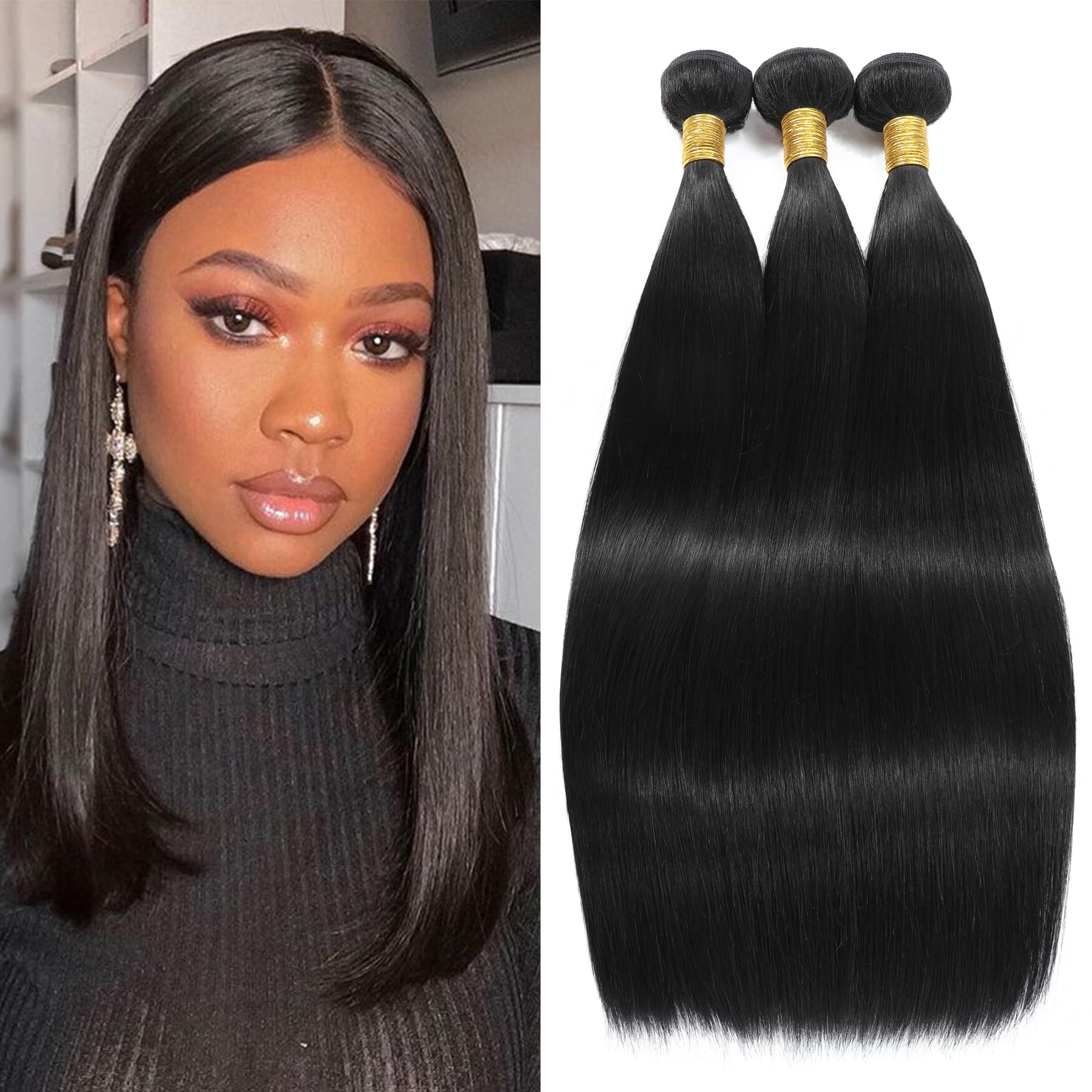 NROOEAY Brazilian Straight Bundles Human Hair 14 16 18 Inch Long 3 Bundles Deal 12A Unprocessed Virgin Human Hair Weave Natural Black Human Hair