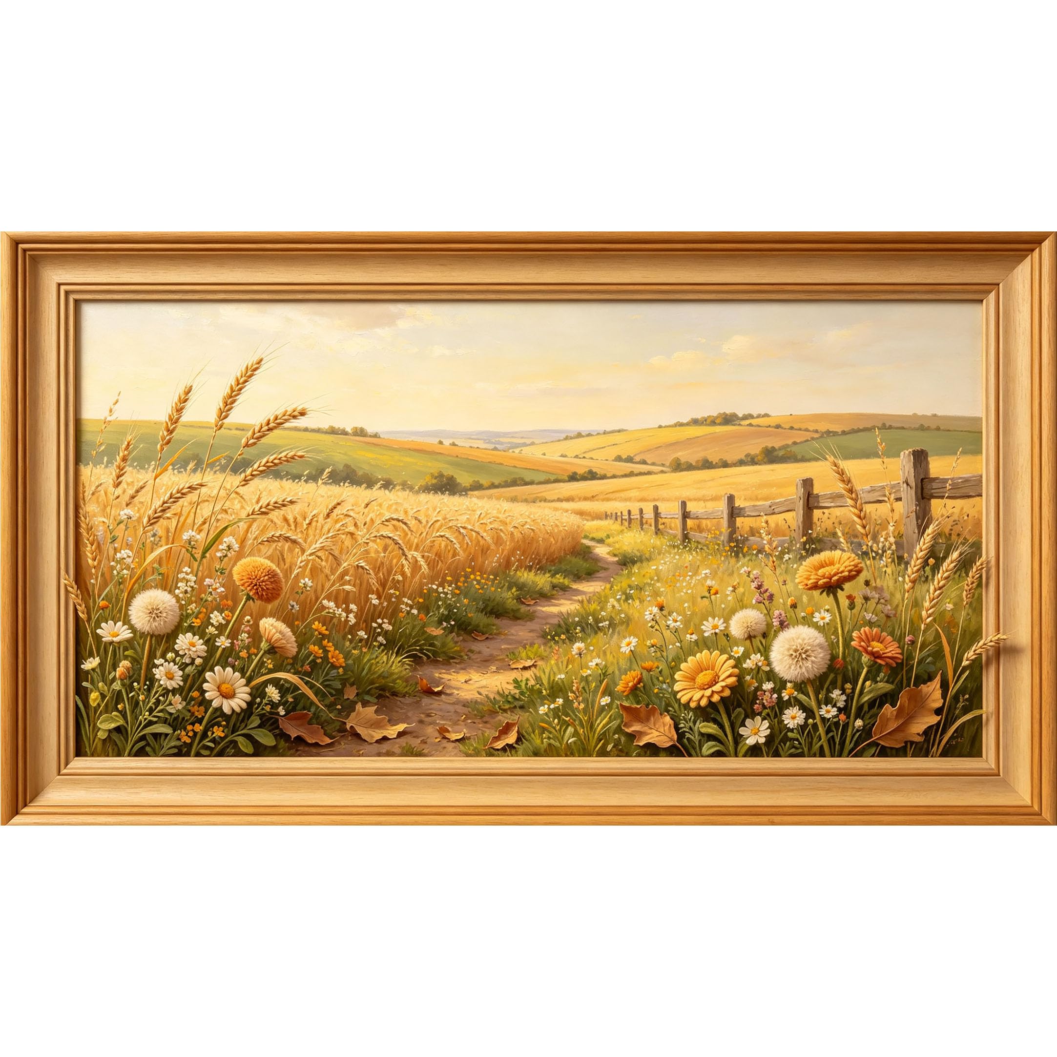 QZLITHOTIC 50x90cm3D Framed Wall Art， Farmhouse Wheat Field Landscape with Wildflowers Pathway Self‑Adhesive Mural， Water‑Activated Peel & Stick Fabric Decor Wall Decal for Bedroom Living Room