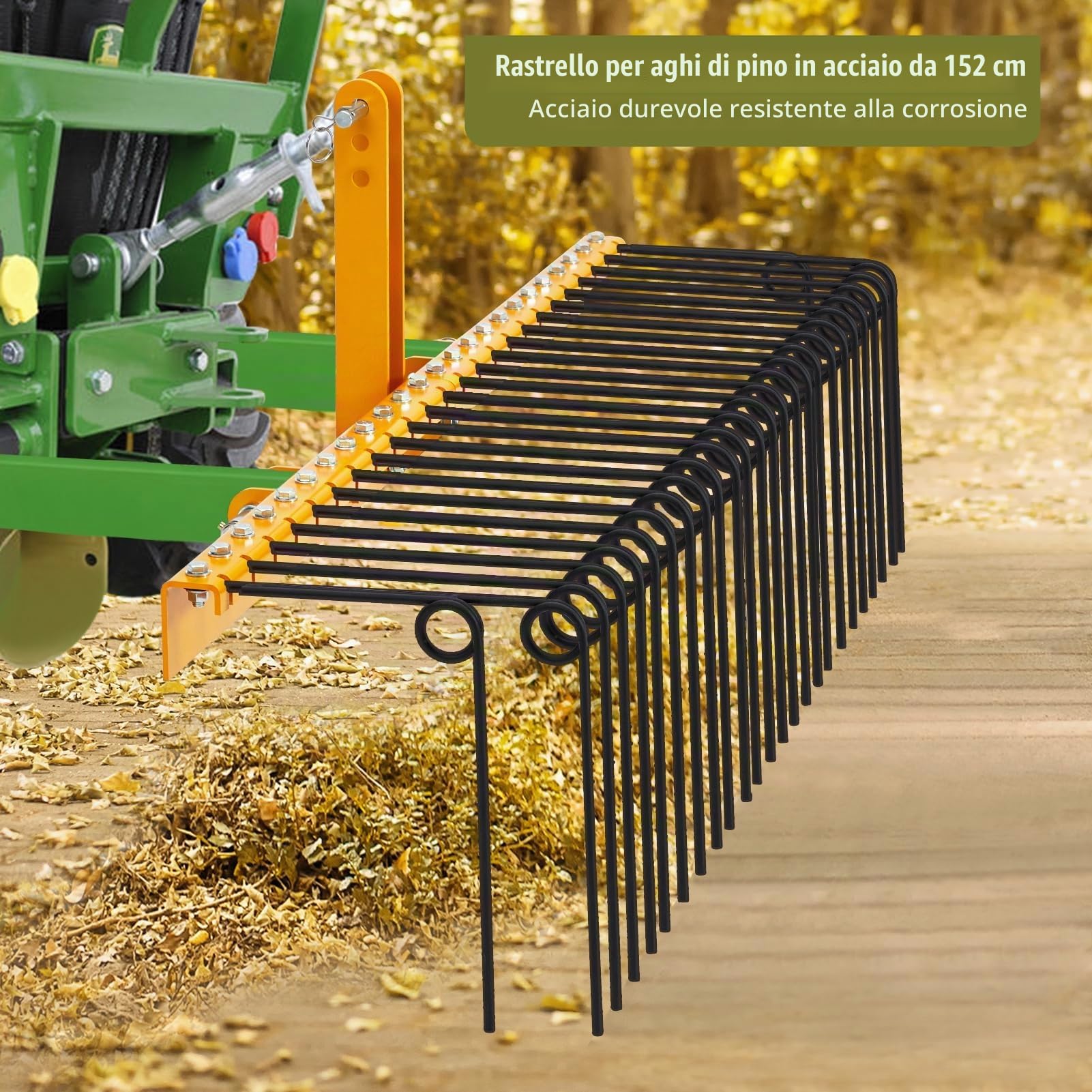 Rastrello trainabile per paglia di pino 152 cm – 26 denti a molla in acciaio resistente verniciato a polvere – Attacco a 3 punti per trattori Cat0/Cat1 – Perfetto per foglie ed erba – Giallo