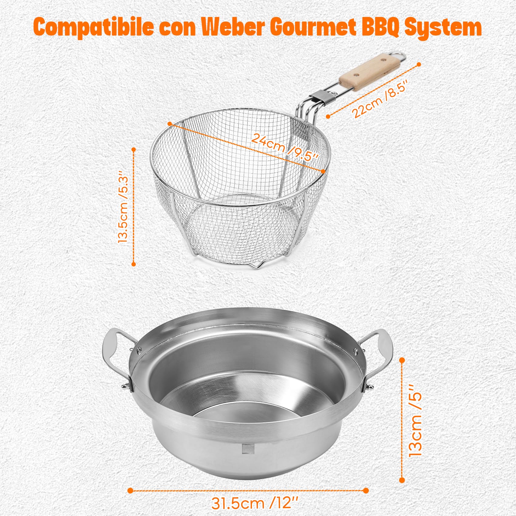 Onlyfire Freidora de Acero Inoxidable para Weber Gourmet BBQ System, Set de Olla y Cesta para Barbacoa de 57 cm, con Mango de Madera Extraíble, Ideal para Patatas Fritas y Alitas