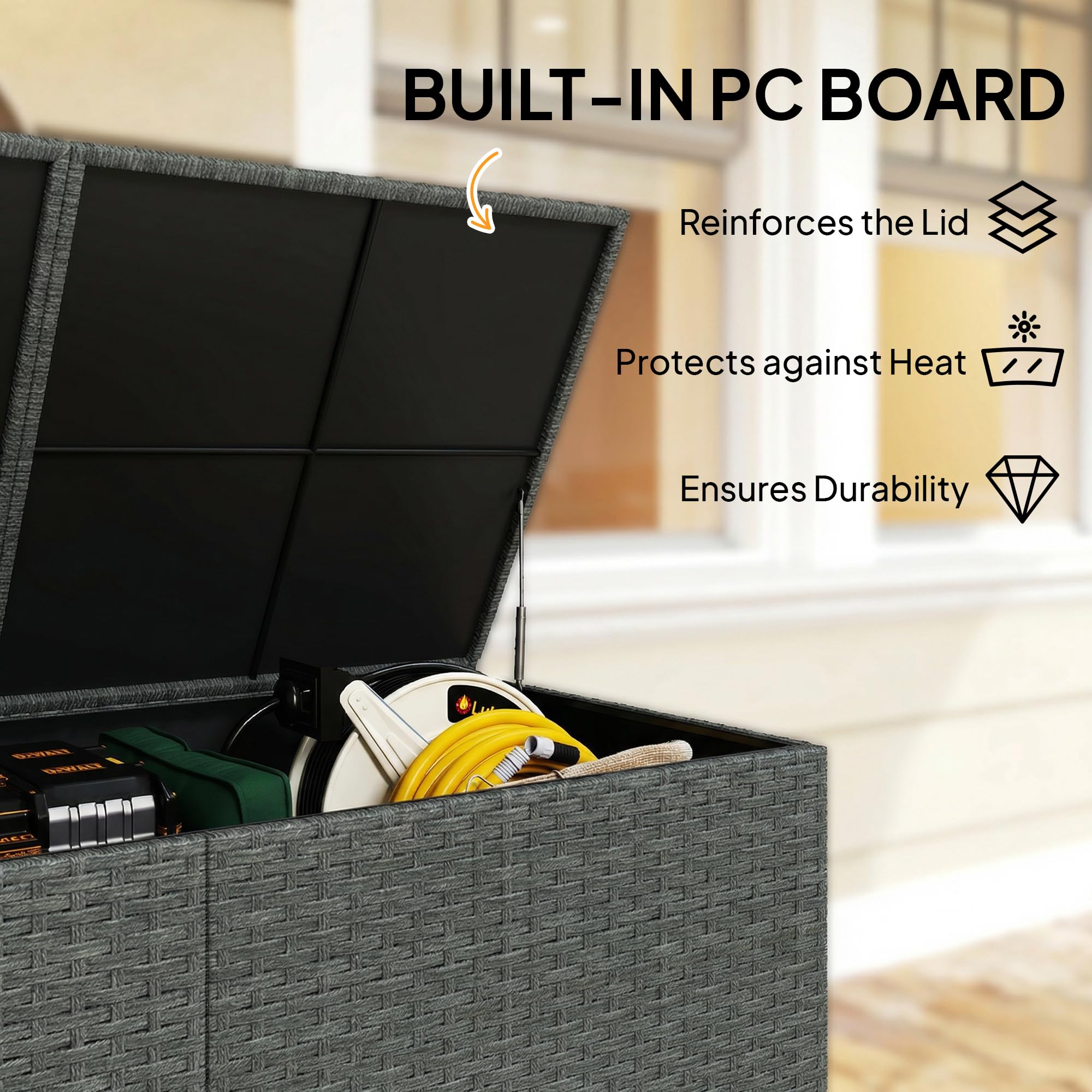 Outsunny 162 Gallon Rattan Deck Box with Wheels, Wicker Outdoor Storage Box with Waterproof Zippered Liner, Safe Pneumatic Rods, Patio Rattan Storage Container for Gardening Tools - 5
