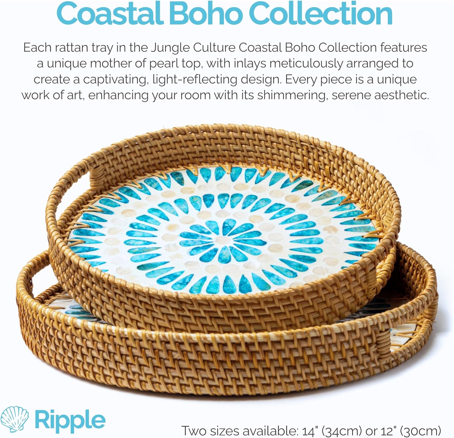 JUNGLE CULTURE Rattan Serving Tray 12" with Mother of Pearl Inlay • Coastal Boho Collection • Handcrafted Woven with Handles for Home • Round Dining Table Tray • Wicker Serving Basket – Ripple - Image 2