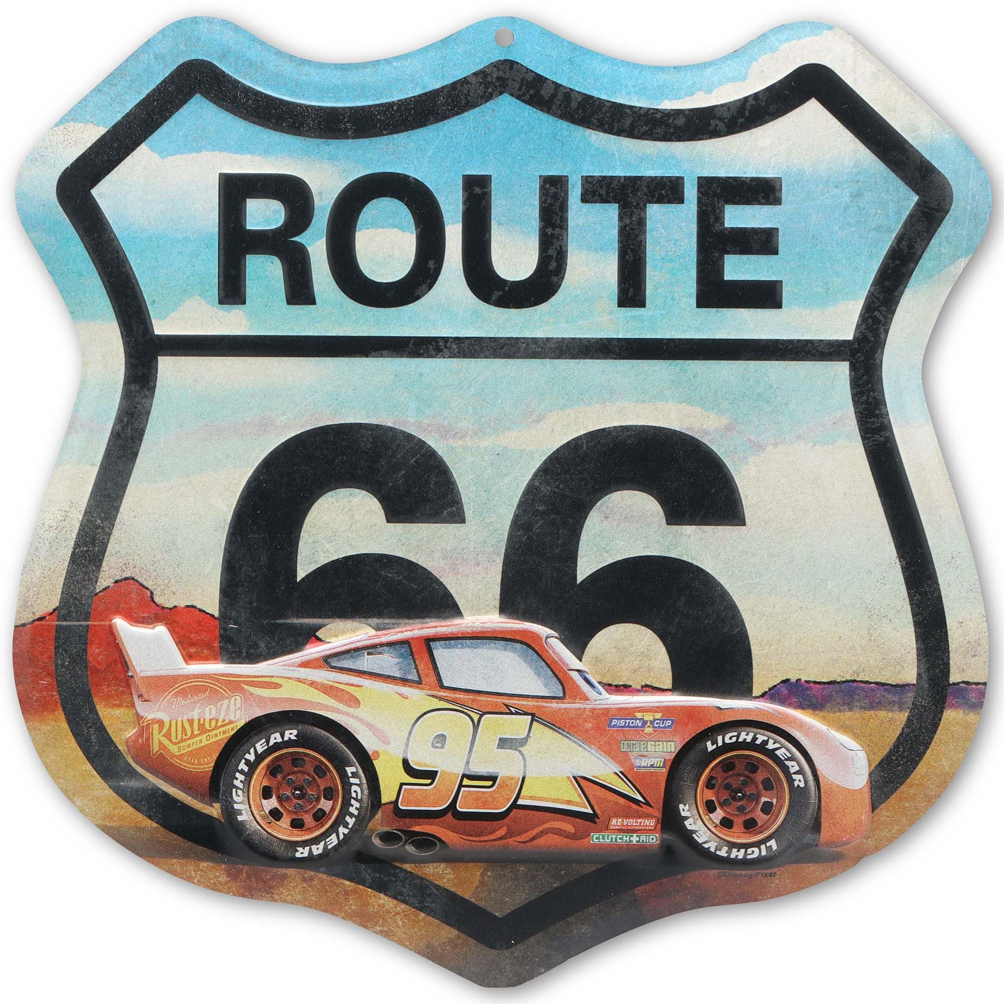 Disney Pixar Cars Saetta McQueen Route 66 Targa in metallo goffrata | Iconic Route 66 Decorazione da parete per camera da letto o garage