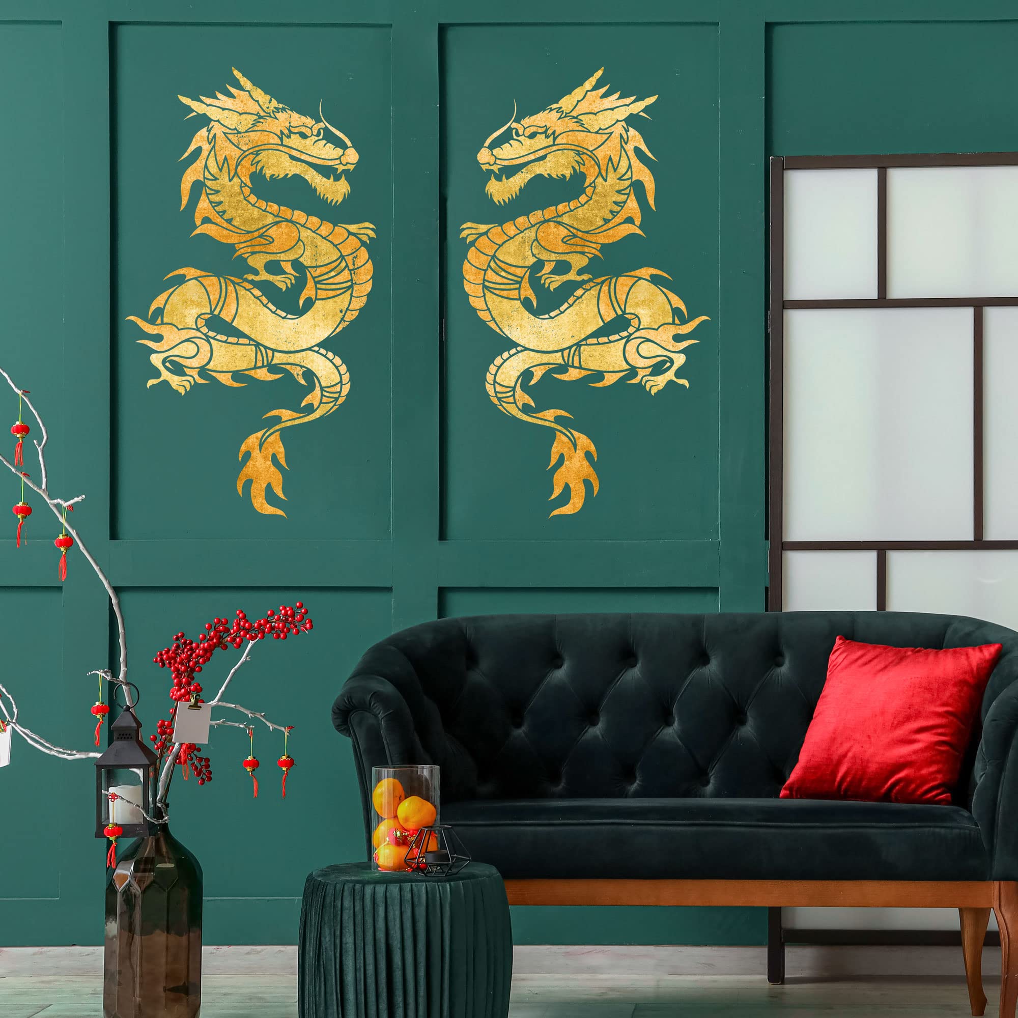 NAKLEO Große Malschablonen 59x95 cm, Chinesisch Drachen Orientalisch Muster, Wiederverwendbare Kunststoff Wandschablone DIY Handwerk, Holz Möbel Boden Stoff