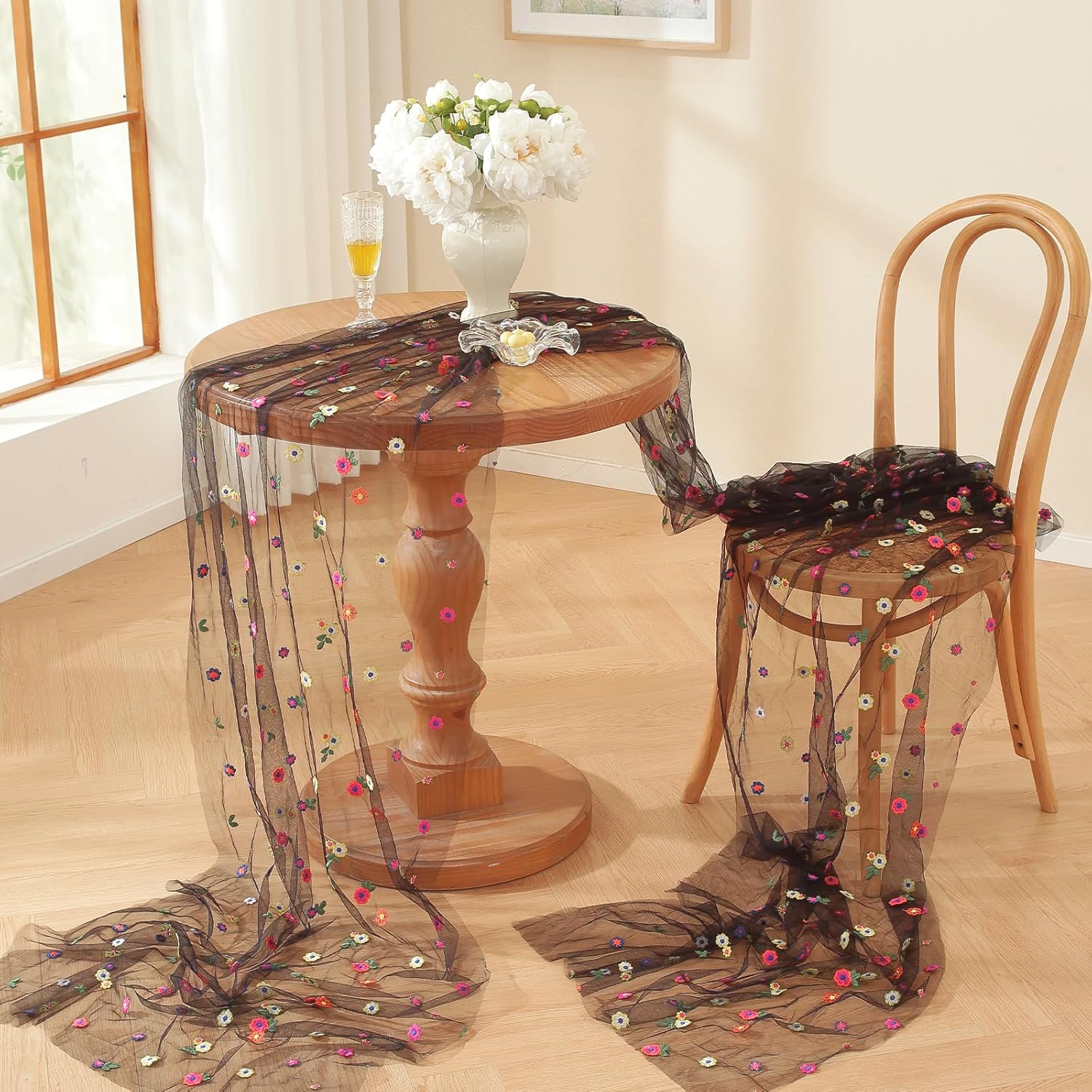 3pcs Black Embroidery Daisy Fall Table Runner 10ft Florals Seasonal Tulle Table Runner Holiday Kitchen Dining Table Decoration for Home Party Indoor