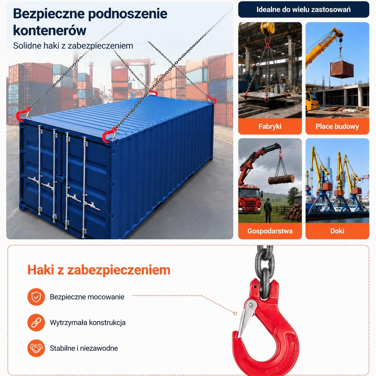 Zawiesie łańcuchowe z 4 hakami, stal stopowa, akcesorium do wciągnika, mocowania ładunku i holowania