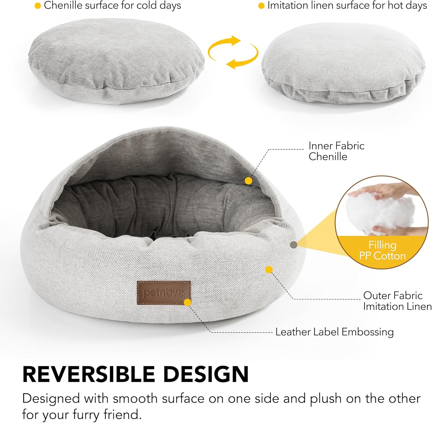 review Hooded Round Cat Bed, Faux Linen Cat Cave Beds for Small Pets, Anti-Slip Sofa Dog Beds with Removable Pillow 20x20x14 Inch Light Grey