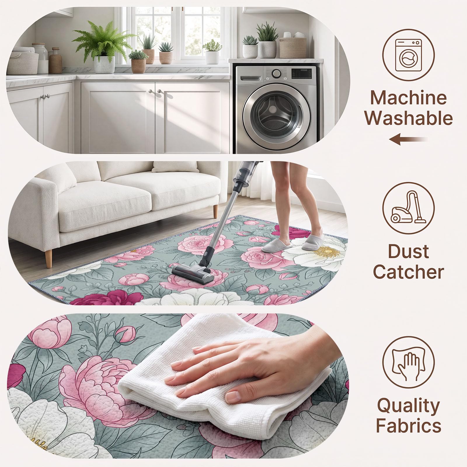 Générique Floral Pivoine Tapis Salon 80x150 cm, Lavable en Machine AntidéRapant Poil Ras Classique Romantique Style Victorien Tapis, pour Chambre Salle a Manger Descente de Lit Bureau Cuisine