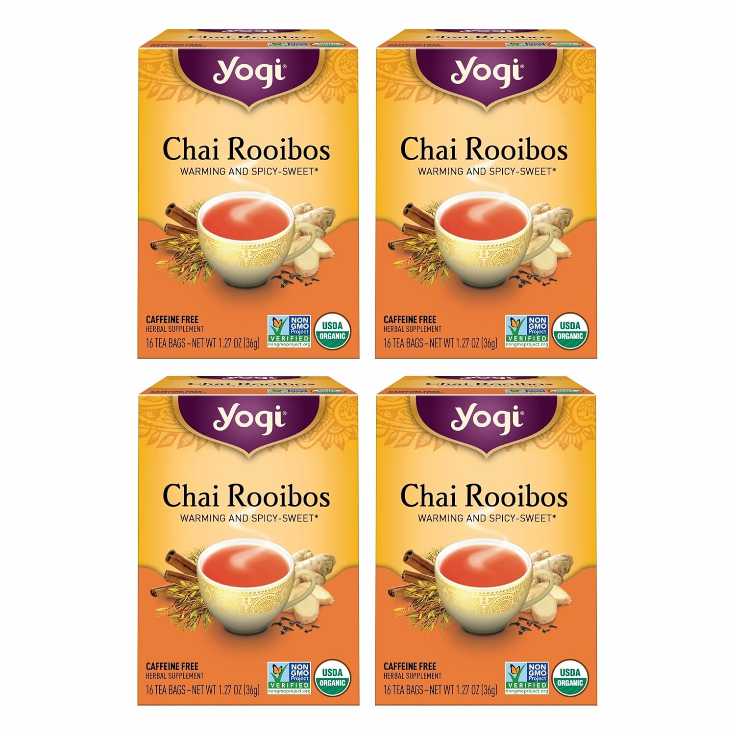 Yogi Tea Chai Rooibos Tea - 16 Tea Bags per Pack (4 Packs) - Spiced Organic Rooibos Tea - Provides Antioxidants - Caffeine-Free - Includes Cardamom, Cinnamon, Ginger & Clove