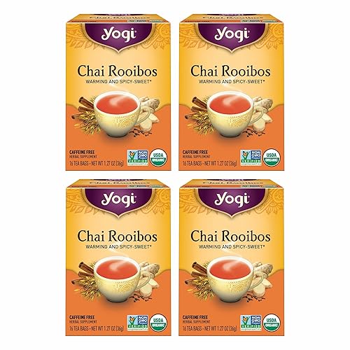 Yogi Tea Chai Rooibos Tea - 16 bolsas de té por paquete (4 paquetes) - Té Rooibos orgánico especiado - Proporciona antioxidantes - Sin cafeína -