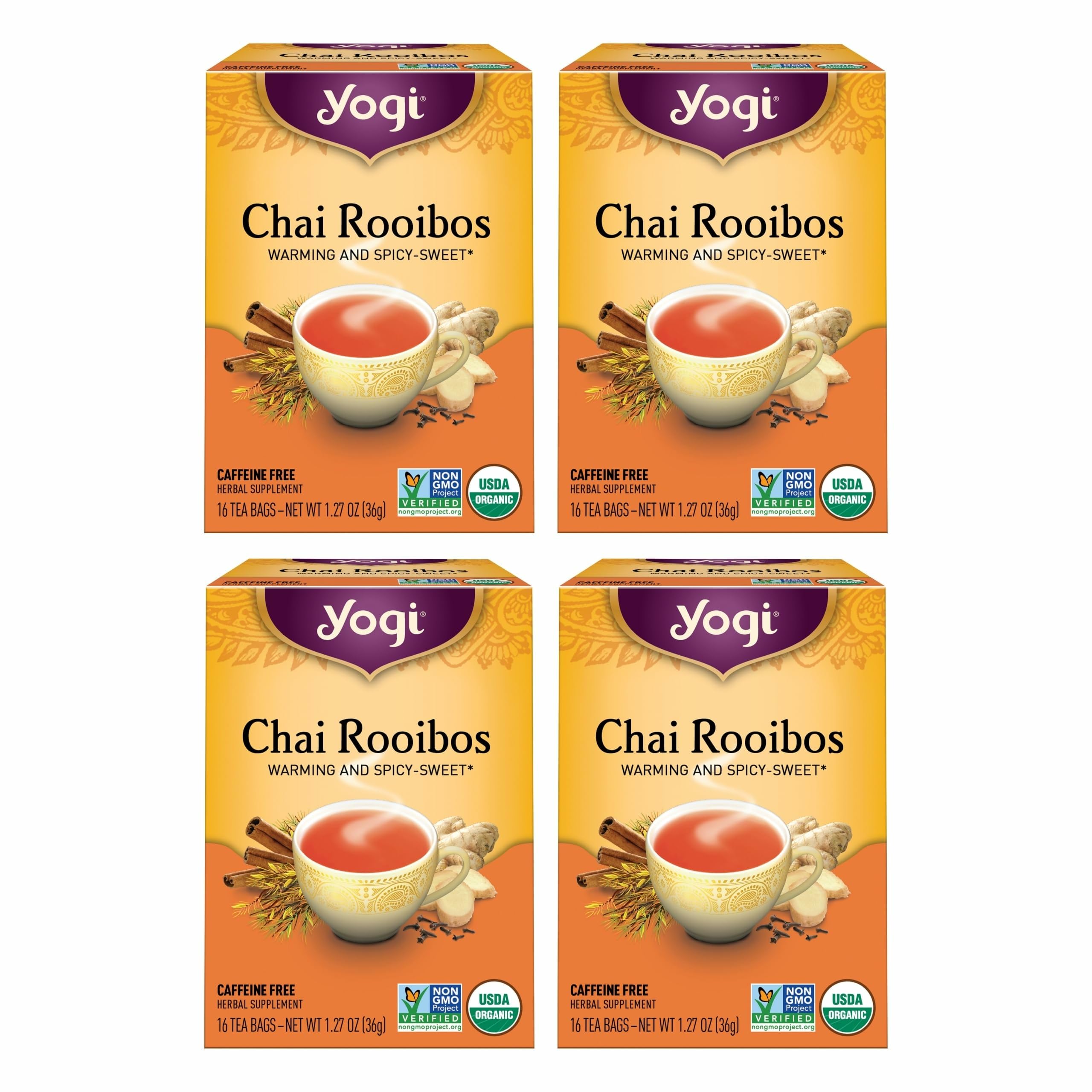 Yogi Tea Chai Rooibos Tea - 16 Tea Bags per Pack (4 Packs) - Spiced Organic Rooibos Tea - Provides Antioxidants - Caffeine-Free - Includes Cardamom,