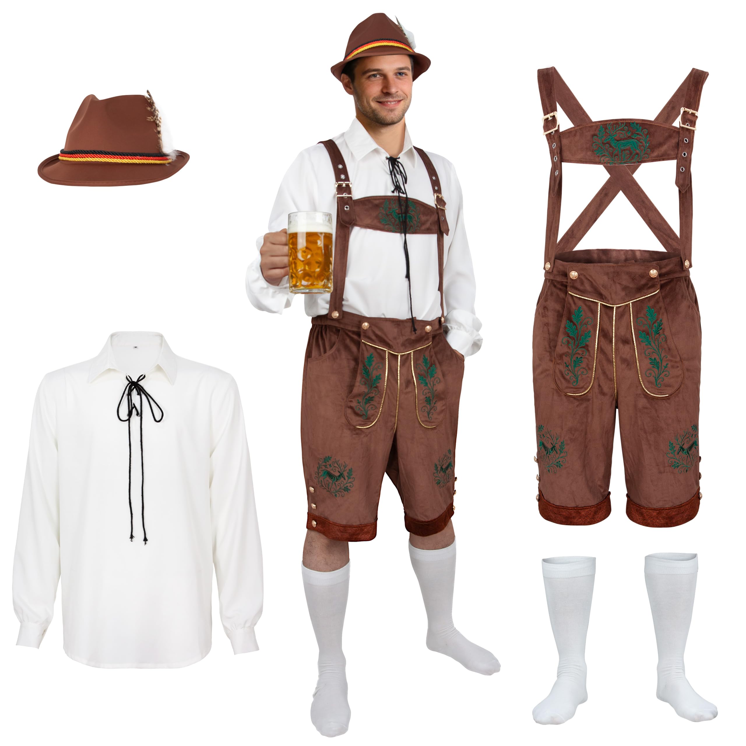 CARUHIF Men's Oktoberfest Outfits German Bavarian Lederhosen Costume Halloween Beer Festival Costume, Aw00087bn, Medium