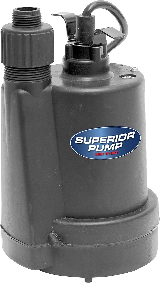 Superior Pump 91250 1800GPH Thermoplastic Submersible Utility Pump with 10-Foot Cord, 1/4 HP