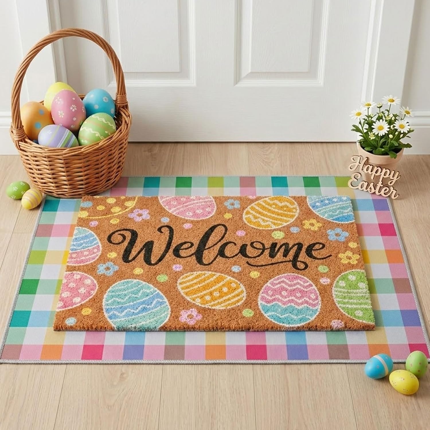 2pcs Easter Doormat Set, Layered Easter Egg Welcome Mat with Colorful Checkered Outdoor Rug, Non-Slip Front Door Mats for Indoor Outdoor Porch Entryway, Spring Easter Front Porch Decor(Easter Egg)