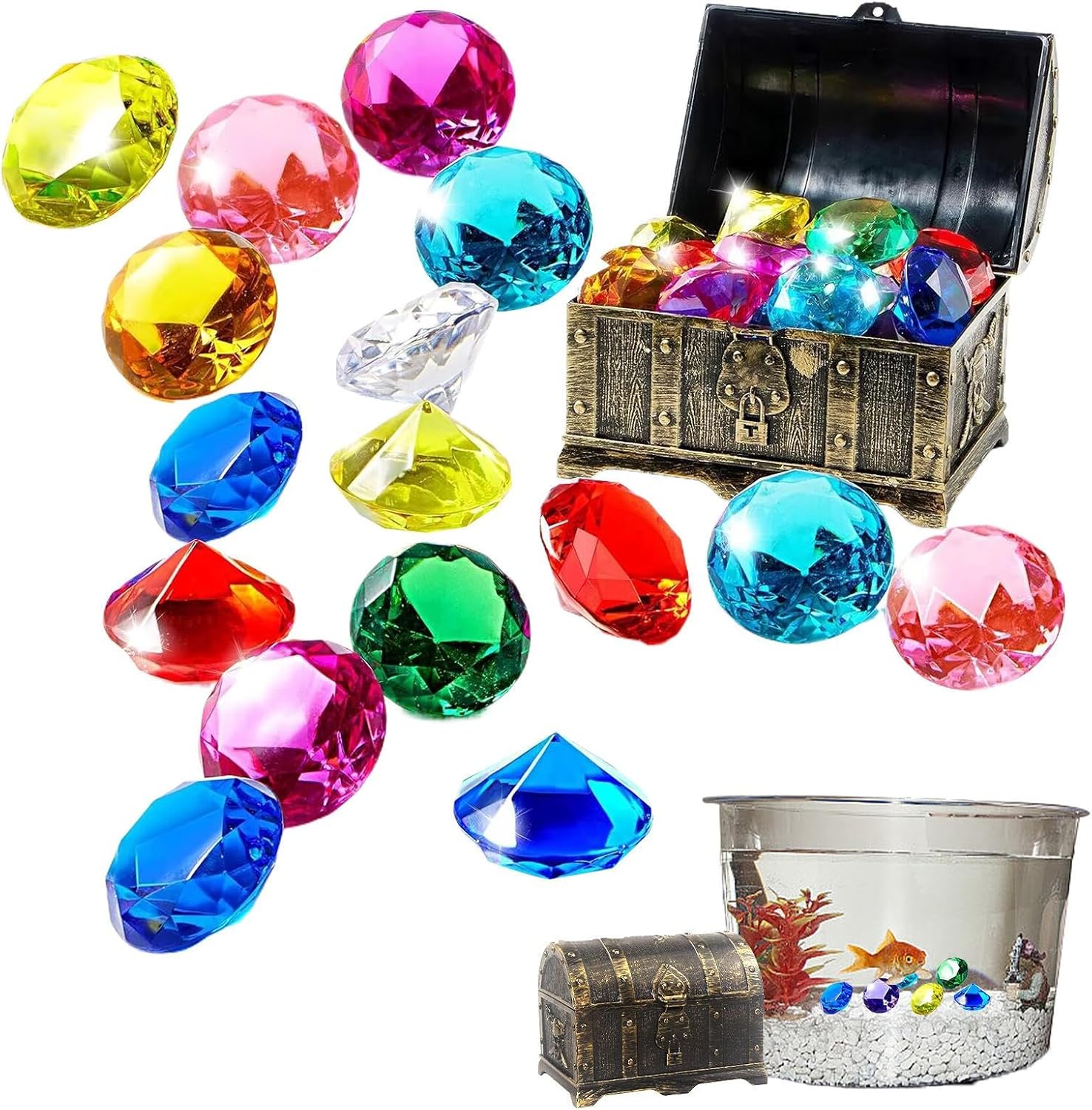 Pool Diving Gems - Underwater Treasure Jewel Toy Set with Wooden Chest, Colorful Acrylic Dive Jewels, Swimming Pool Training Sink Toys, Decorative Vase Fillers & Fish Tank Ornaments | for Kids