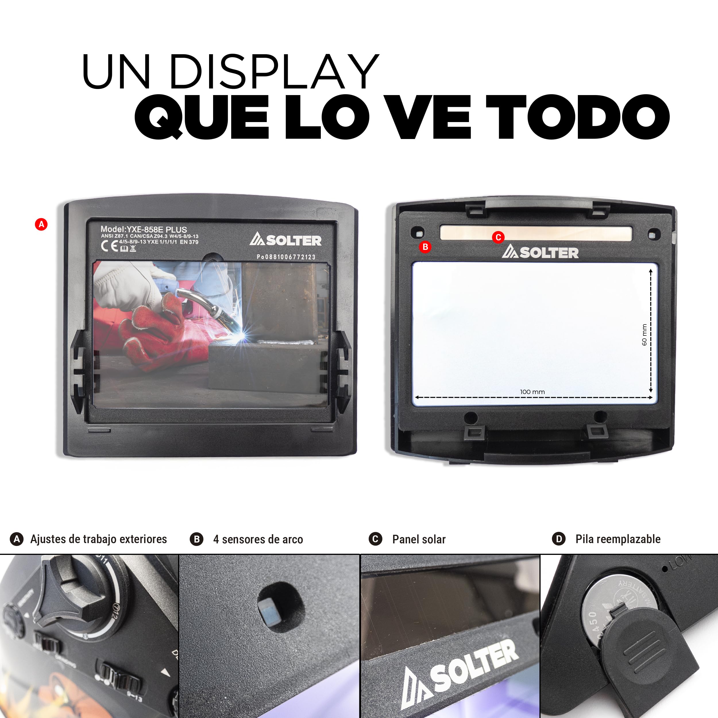 Solter HELLMET R-10 JOB Pantalla de Soldadura Automática, Tecnología True Color, DIN Ajustable 5-8/9-13, Área de Visión 100x60mm, 4 Sensores, Pila Solar Reemplazable, Certificación CE 1/1/1/1