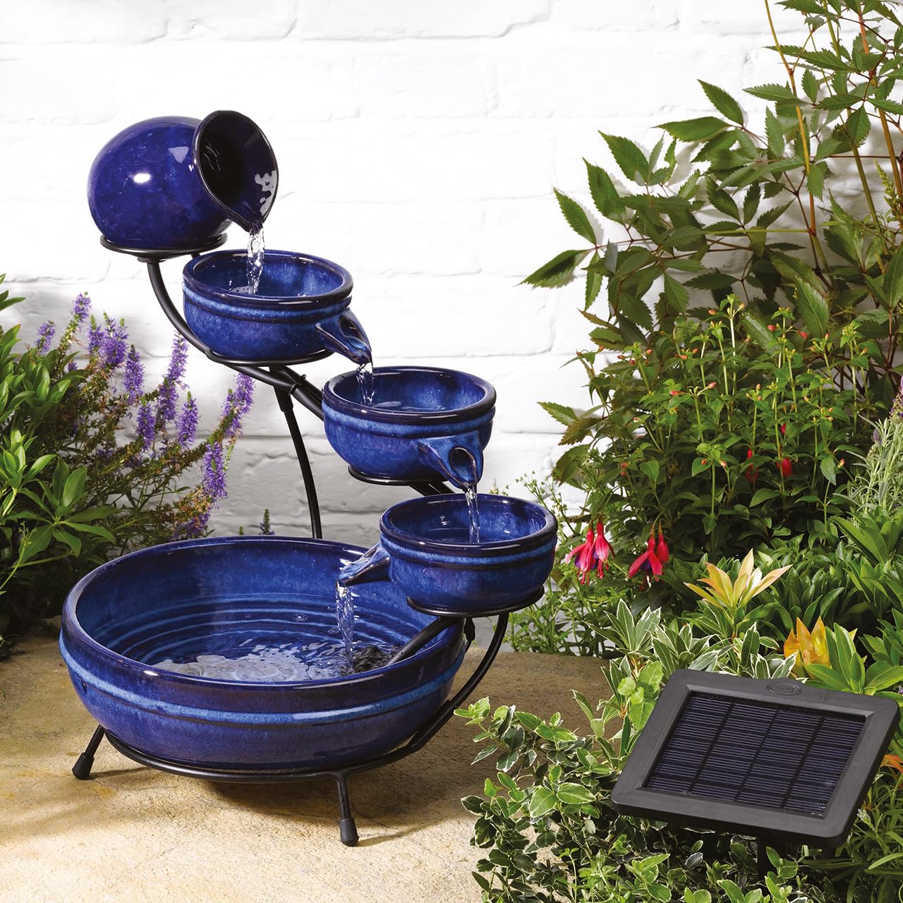 Solar Powered 5 Tier Neptune Cascading Fountain – Smooth Blue Ceramic Tiered Outdoor Garden Water Feature for Patio, Decking, Balcony, Lawn, Yard - Measures H49 x W44 x D38cm