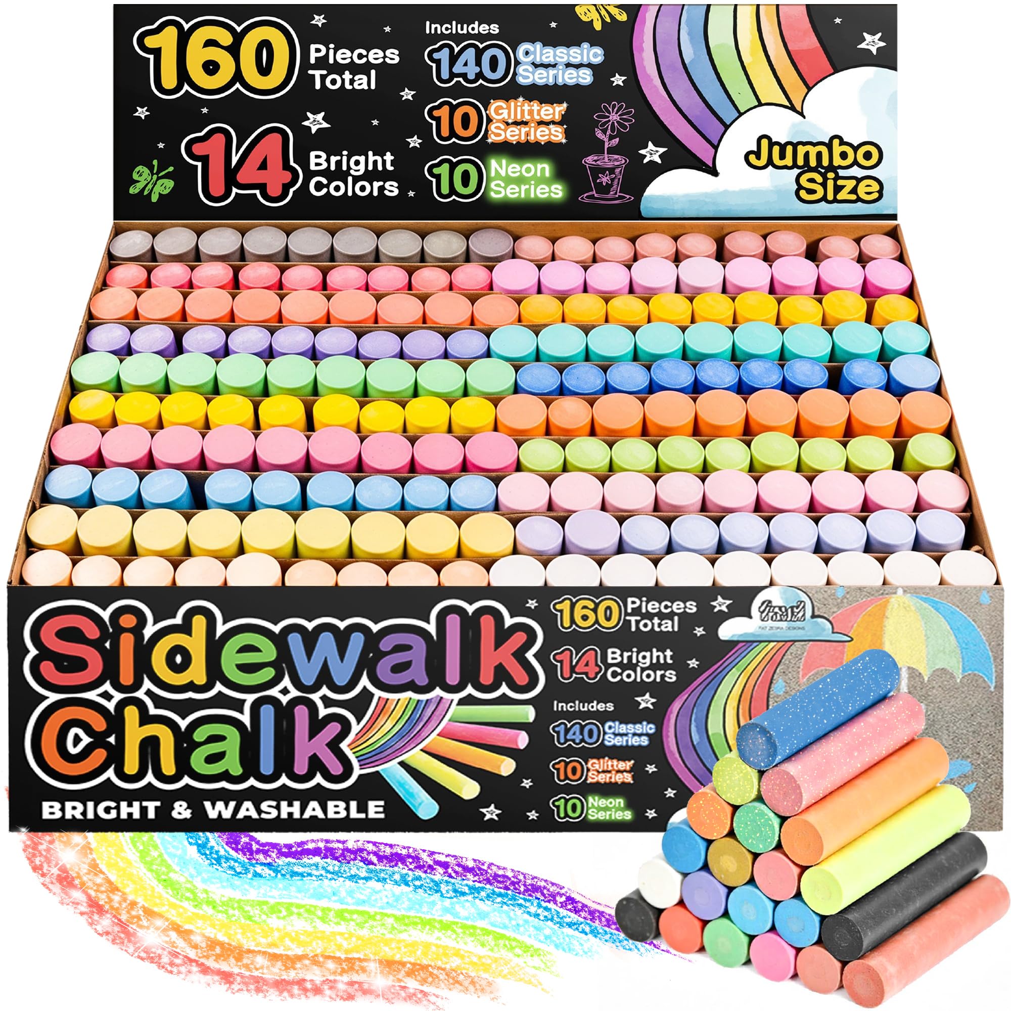 160 PCS Sidewalk Chalk for Kids - 14 Colors, 10 Glitter, 10 Neon Non-Toxic Washable Jumbo Chalks - Bulk Set of Outdoor Paint for Kids and Toddlers -