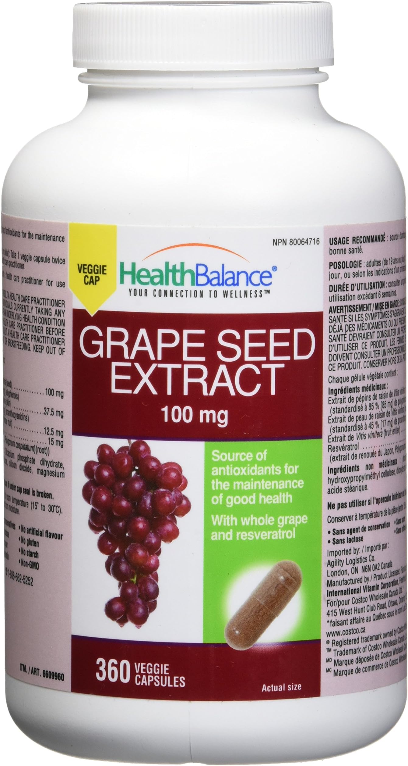 360 caps, Grape Seed Extract - Resveratrol, 100mg, from HealthBalance, Antioxidant