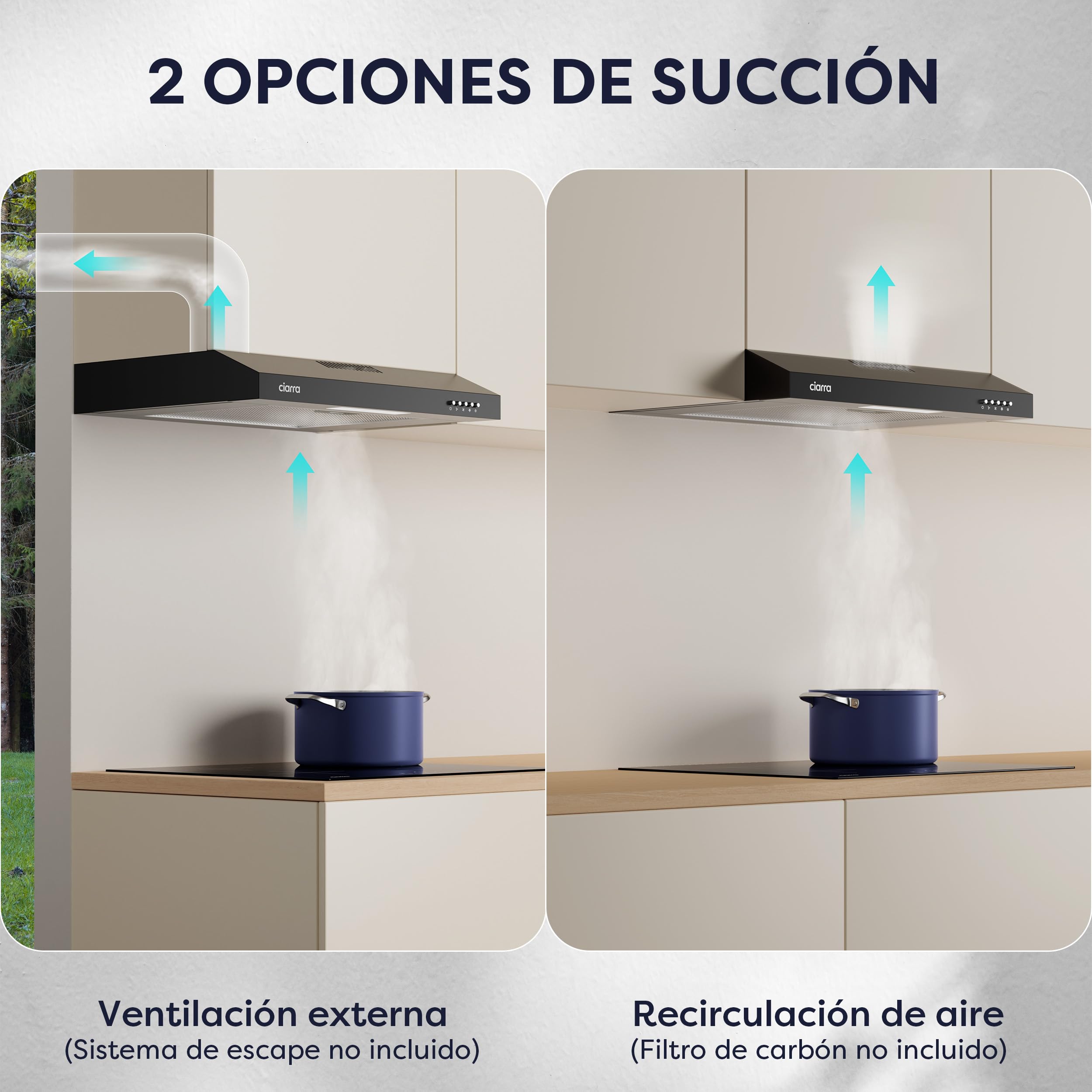 CIARRA CAB6903B Campana Extractora 60 cm Extractor Cocina 220m³/h 75W 3 Velocidades Cocina extractora integrada with Filtros de Aluminio