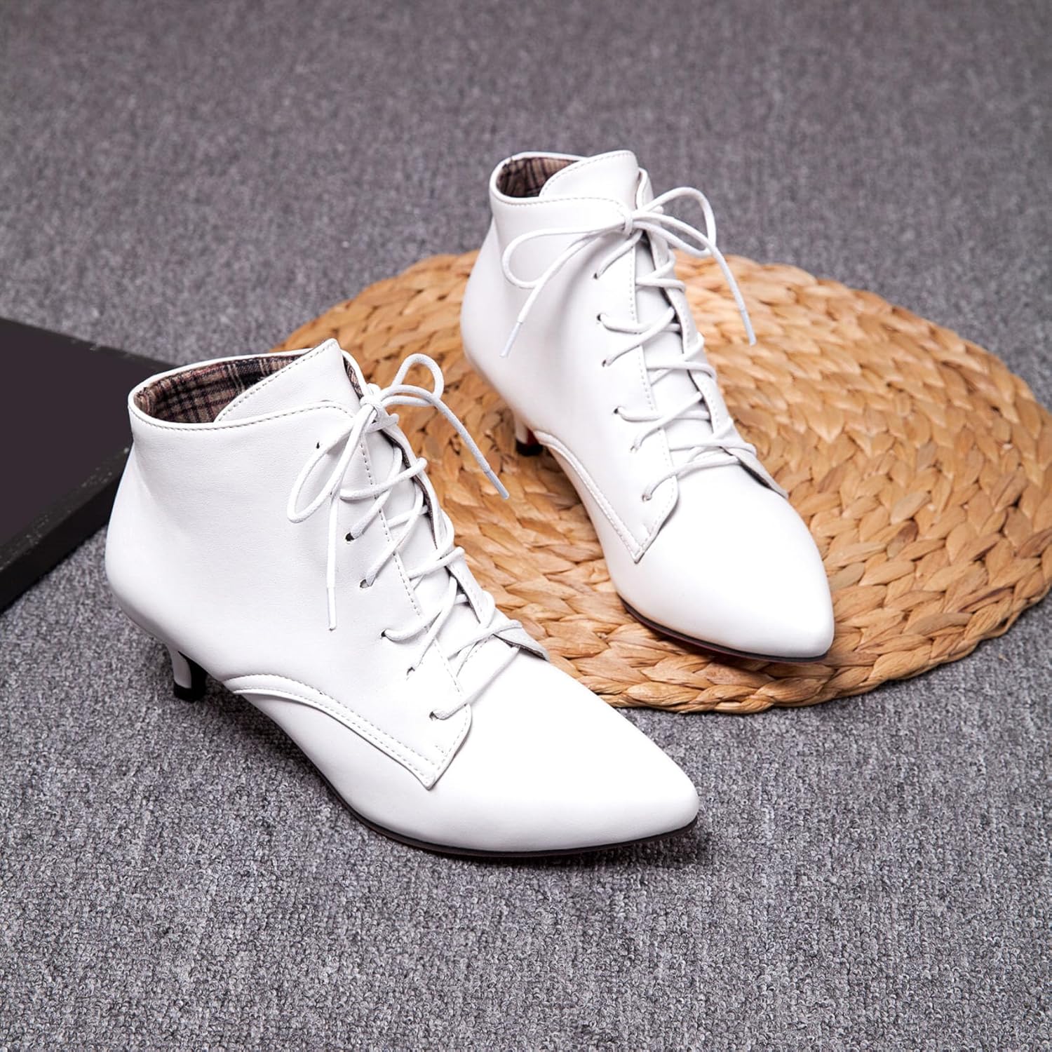 SEIFIN Kitten Heel Ankle Booties for Women Lace Up Pointed Toe Low Heels Short Boots