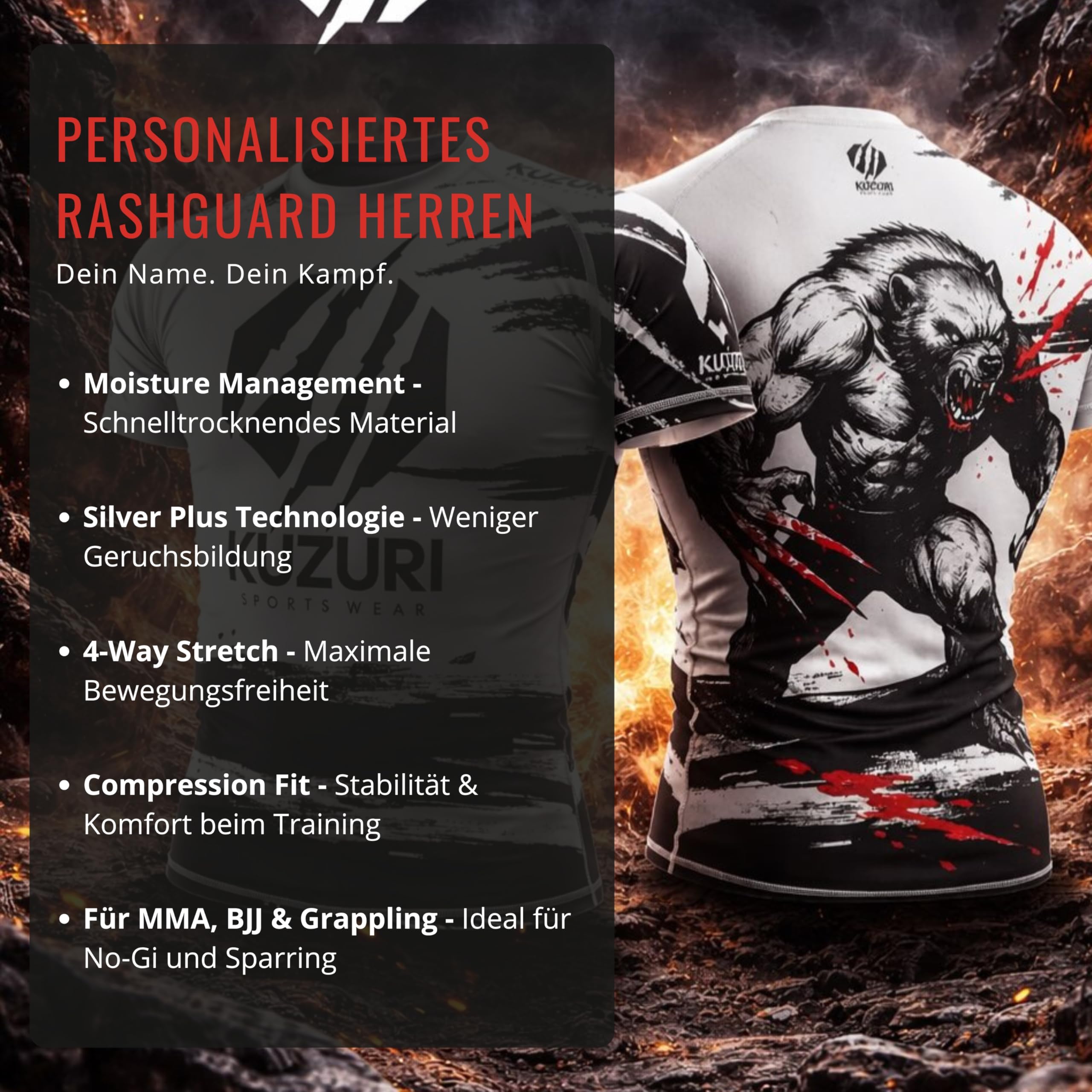 KUZURI Rashguard Kampfsport Herren - Kurzarm – BJJ, MMA Compression Shirt – Atmungsaktives Funktionsshirt für No-Gi, Grappling & Kickboxen