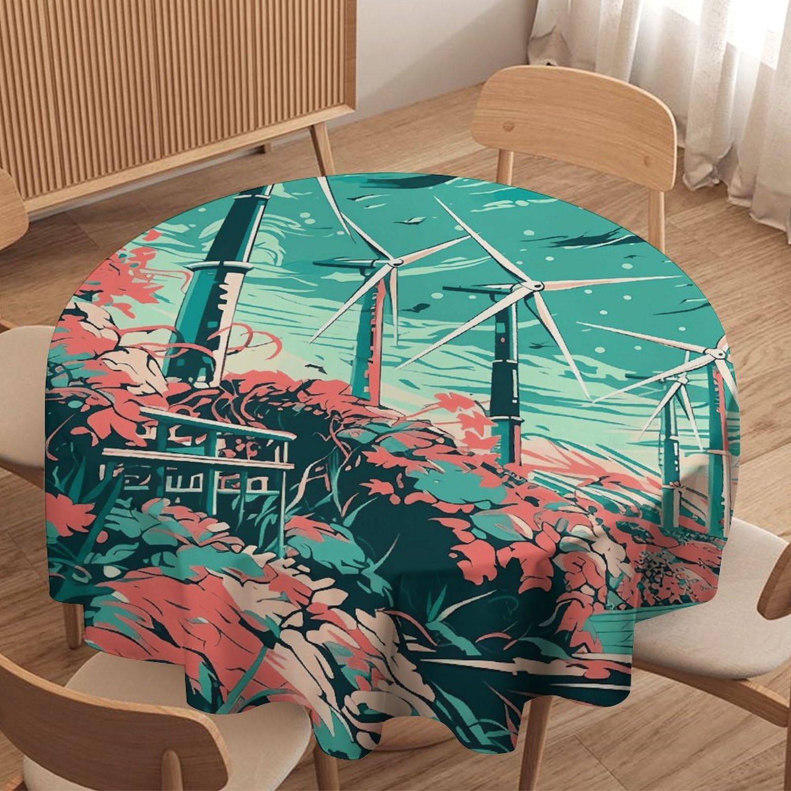 Nappe ronde décorative lavable à motif moulin à vent pour table de cuisine