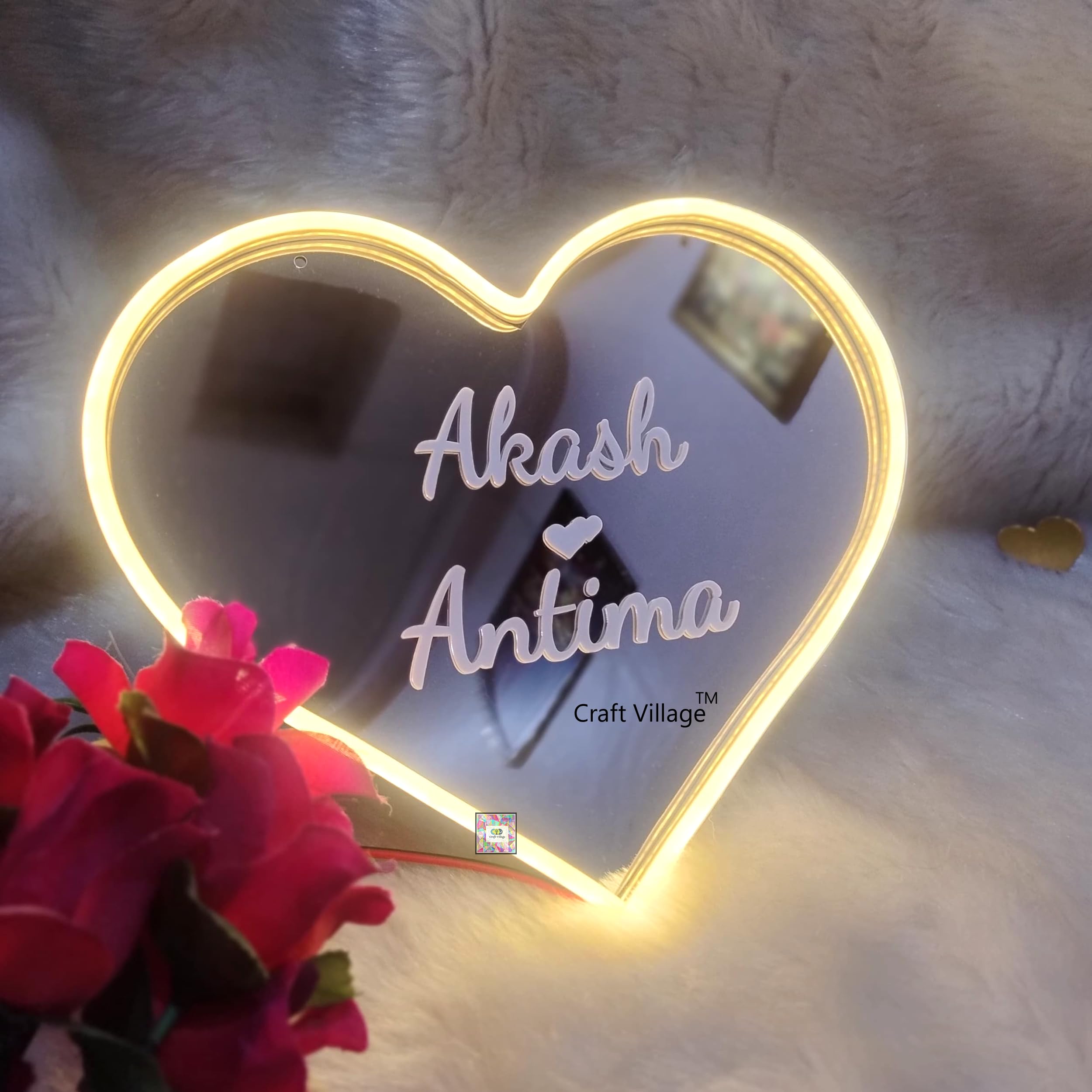 Craft Village Personalize Couple Name Heart Shape Mirror Lamp with Neon Light-image-5
