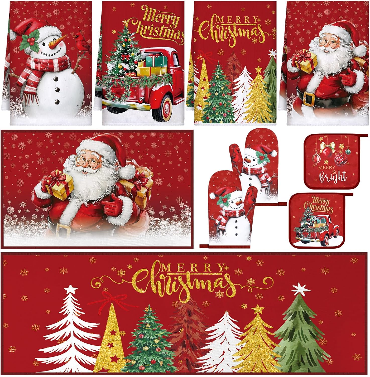 Fourluoo 10 Pcs Christmas Kitchen Decor Christmas Oven Mitts and Pot Holders Set Xmas Buffalo Plaid Kitchen Towels Snowman Rugs and Mat Black White Oven Gloves for Chef Cooking Grilling Women Gift