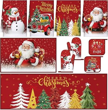 Fourluoo 10 Pcs Christmas Kitchen Decor Set Christmas Oven Mitts and Pot Holders Set Xmas Kitchen Dish Towels Santa Rugs and Mats for Chef Baking Cooking Grilling BBQ Women Mom Gift