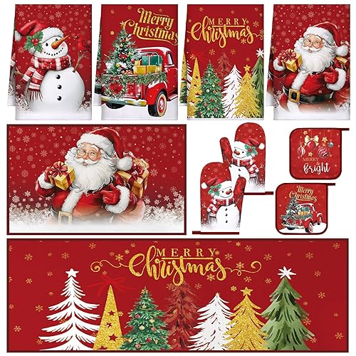 Fourluoo 10 Pcs Christmas Kitchen Decor Set Christmas Oven Mitts