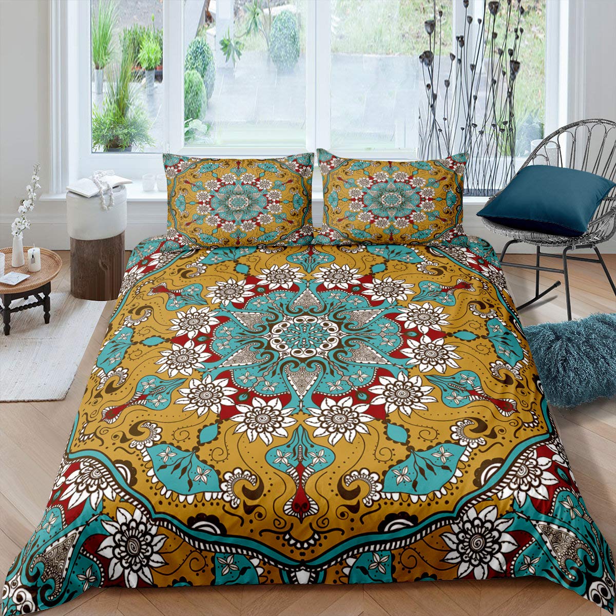 Loussiesd Mandala Comforter Cover Set King Bohemian Boho Duvet Cover Set Floral Bedding Set 3D Exotic Print Bedspread Cover with 2 Pillow Shams Microfiber Bed Cover Zipper Gorgeous Quilt Cover Boys