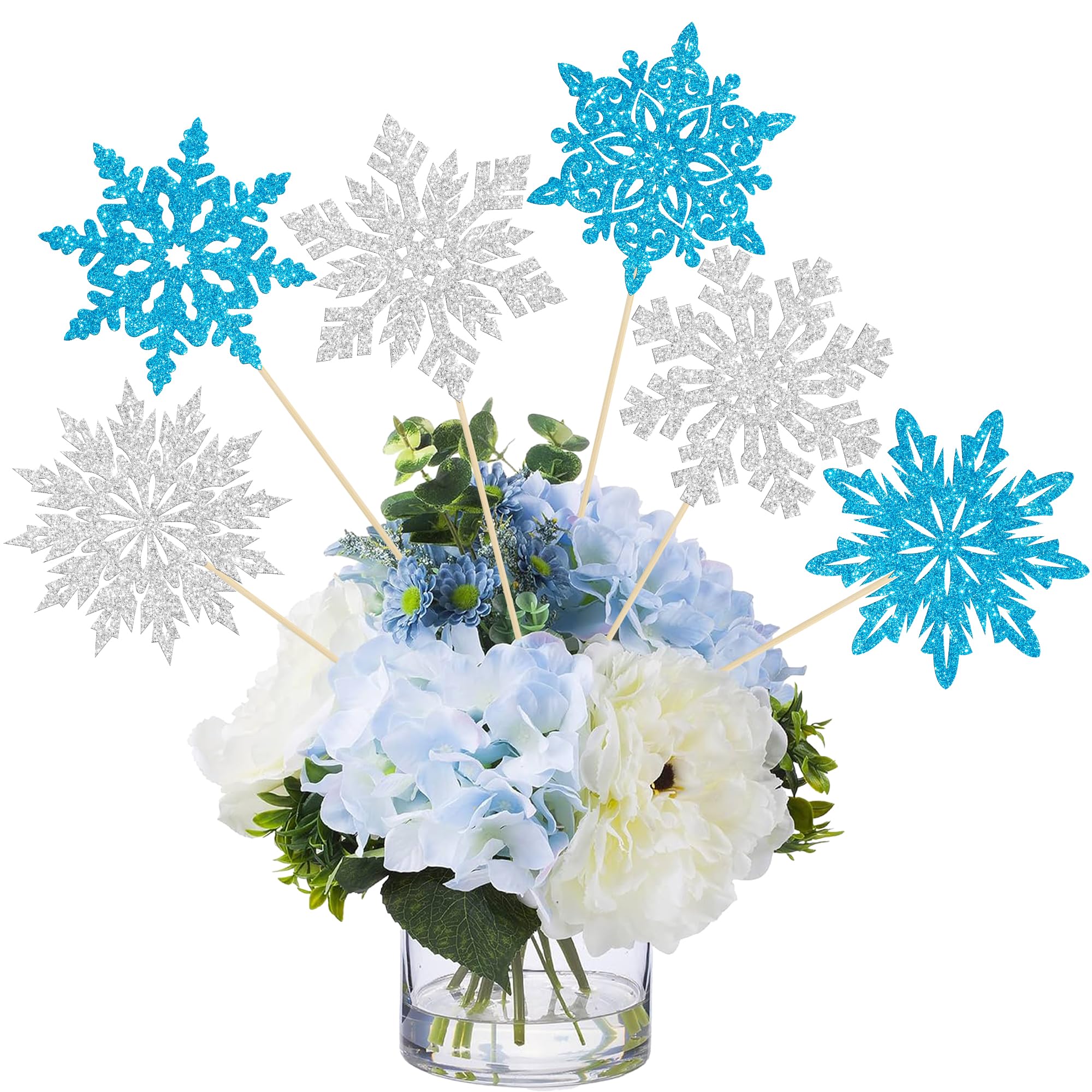 Ephlyn 12Pcs Snowflake Centerpiece Sticks Frozen Snowflake Table Flower Centerpieces Christmas Floral Decorations for Winter Wonderland Baby Shower Frozen Birthday Party Supplies Blue Silver