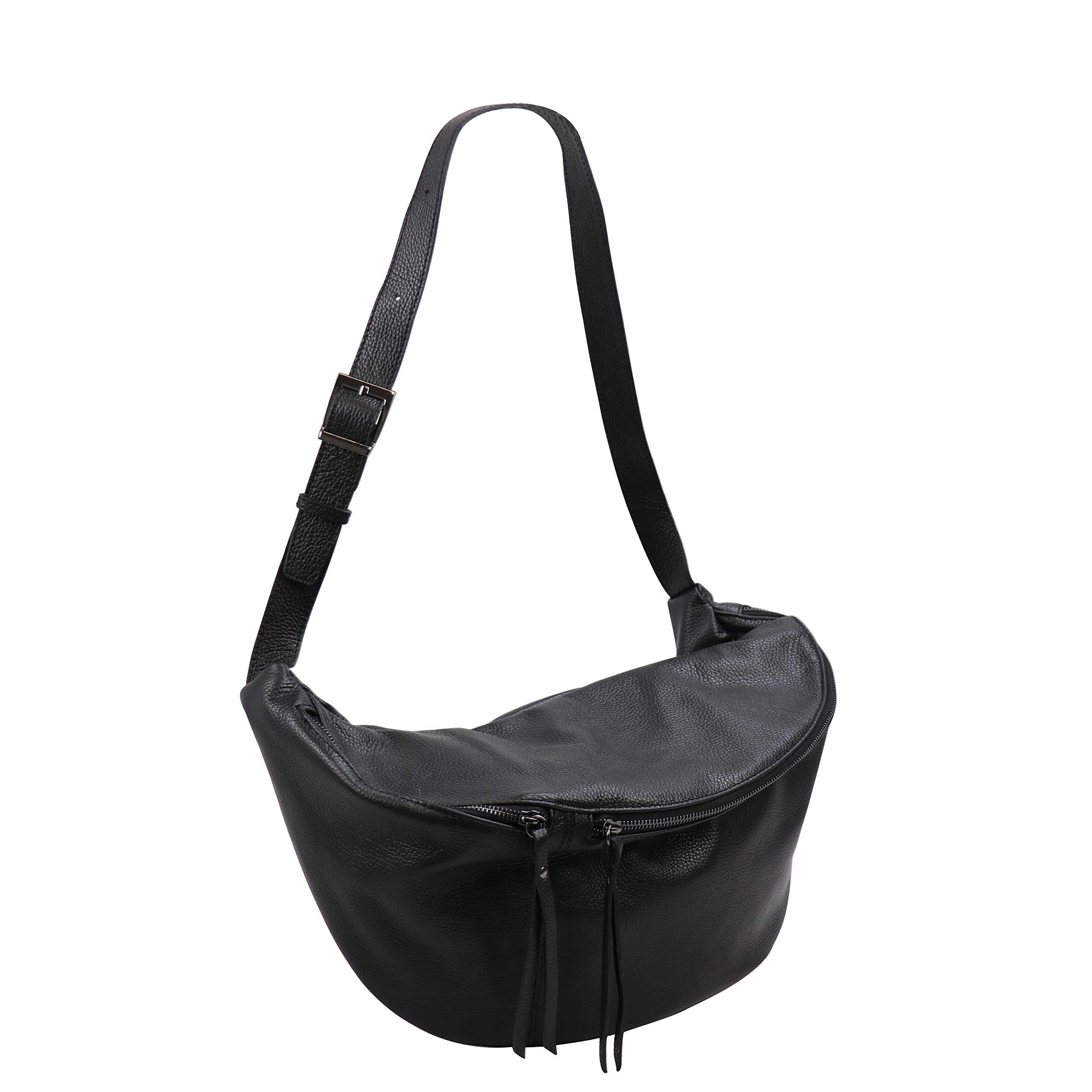 SH Leder echt Leder Damen Unisex Brusttasche für Festival Reise XXL Gross Hüfttasche Crossbody Bag Frauen Ledertasche 49x28cm Daniela G768 (Schwarz)