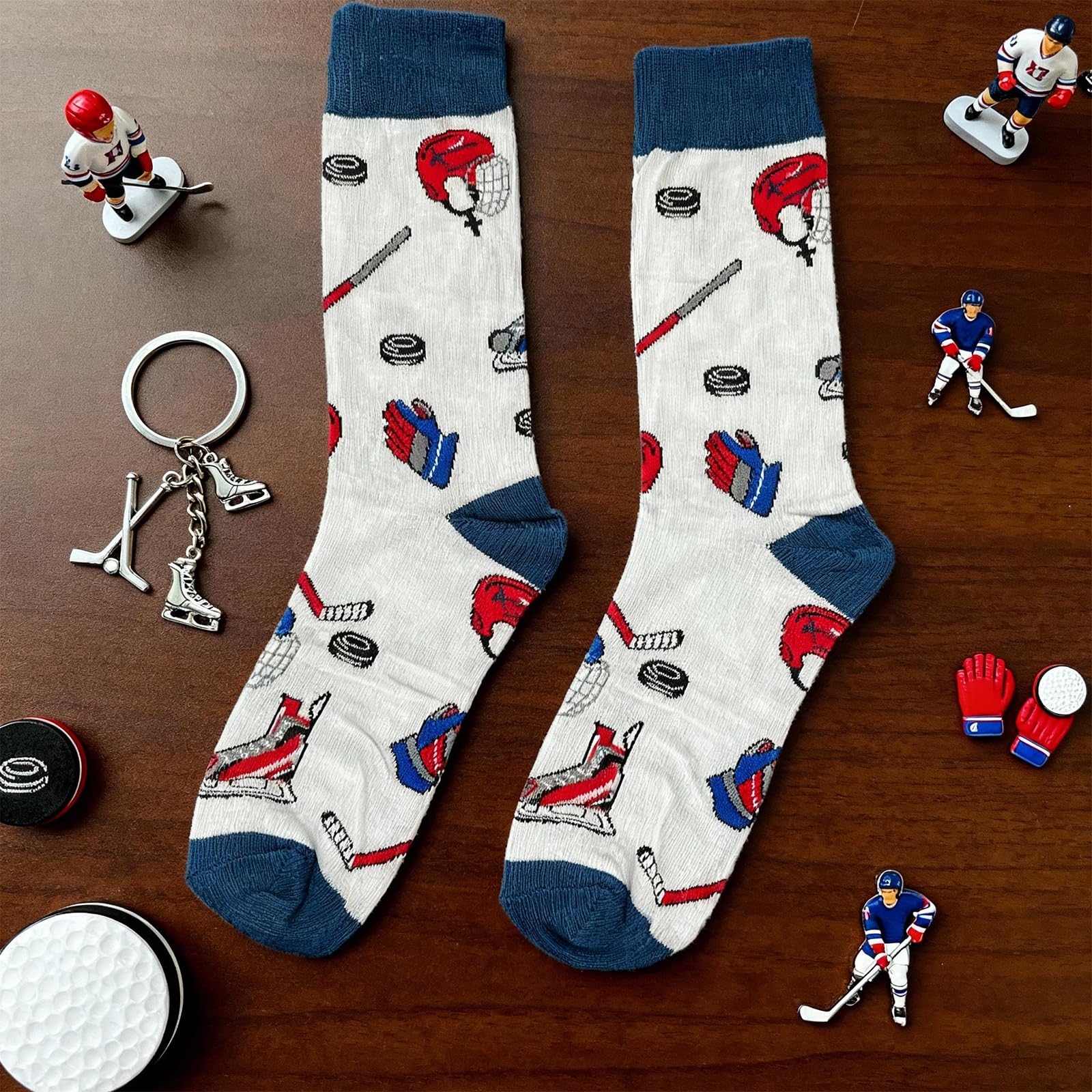 Set regalo per hockey su ghiaccio – divertenti calzini da hockey su ghiaccio da uomo con portachiavi, calzini da hockey su ghiaccio, regalo perfetto per giocatori e fan a Natale