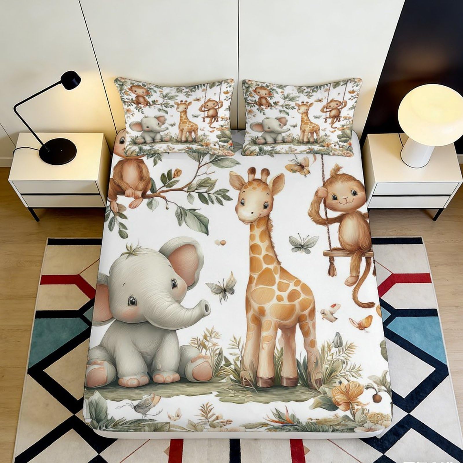 3D Printed Cartoon Jungle Animal Fitted Sheet Microfiber Soft Breathable Safari Zoo Mattress Cover for Bedroom Dorm Mattress Protection Decor 120x200x25cm