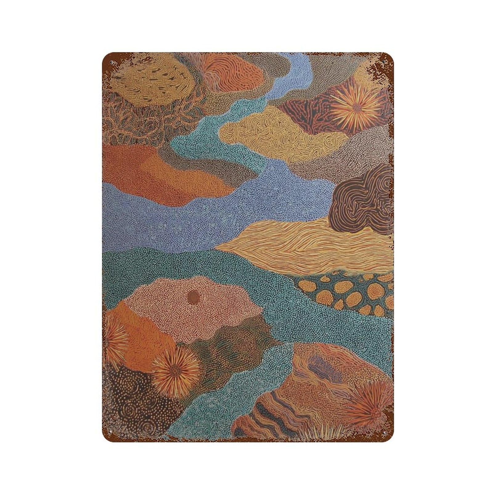 xiaoxiaoshen Aboriginal Style Desert Landscape Eh Tone Abstract River Painting Tribal Inspire Wall Decor Art Metal Tin Poster Modern Home Decor Art Home Bar Shop Decorations Vintage Sign 40x30cm