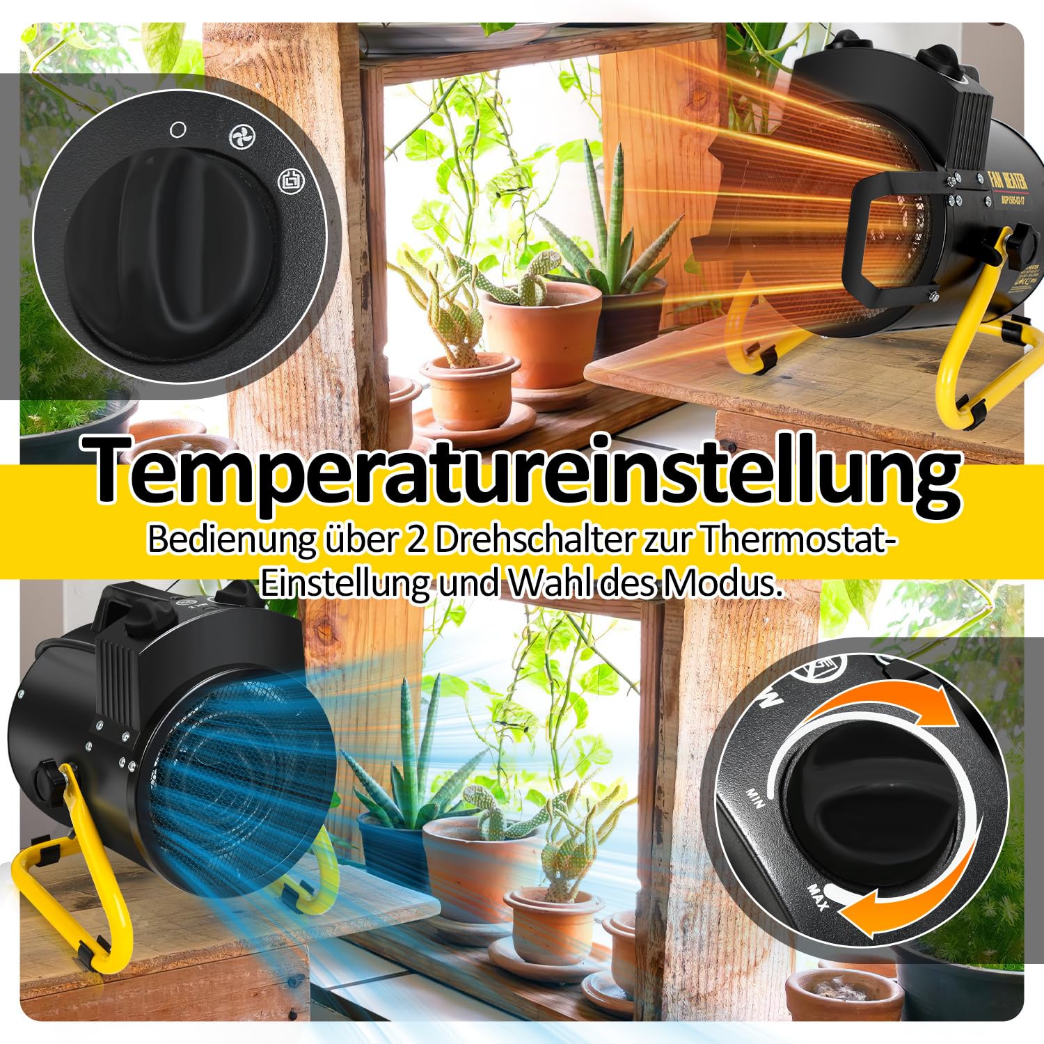 Gewächshausheizung mit thermostat und Sicherheitsständer ausgestattet,IPX4 spritzwassergeschützt, Schnelle Erwärmung Mehrfachschutz für Gewächshäuser
