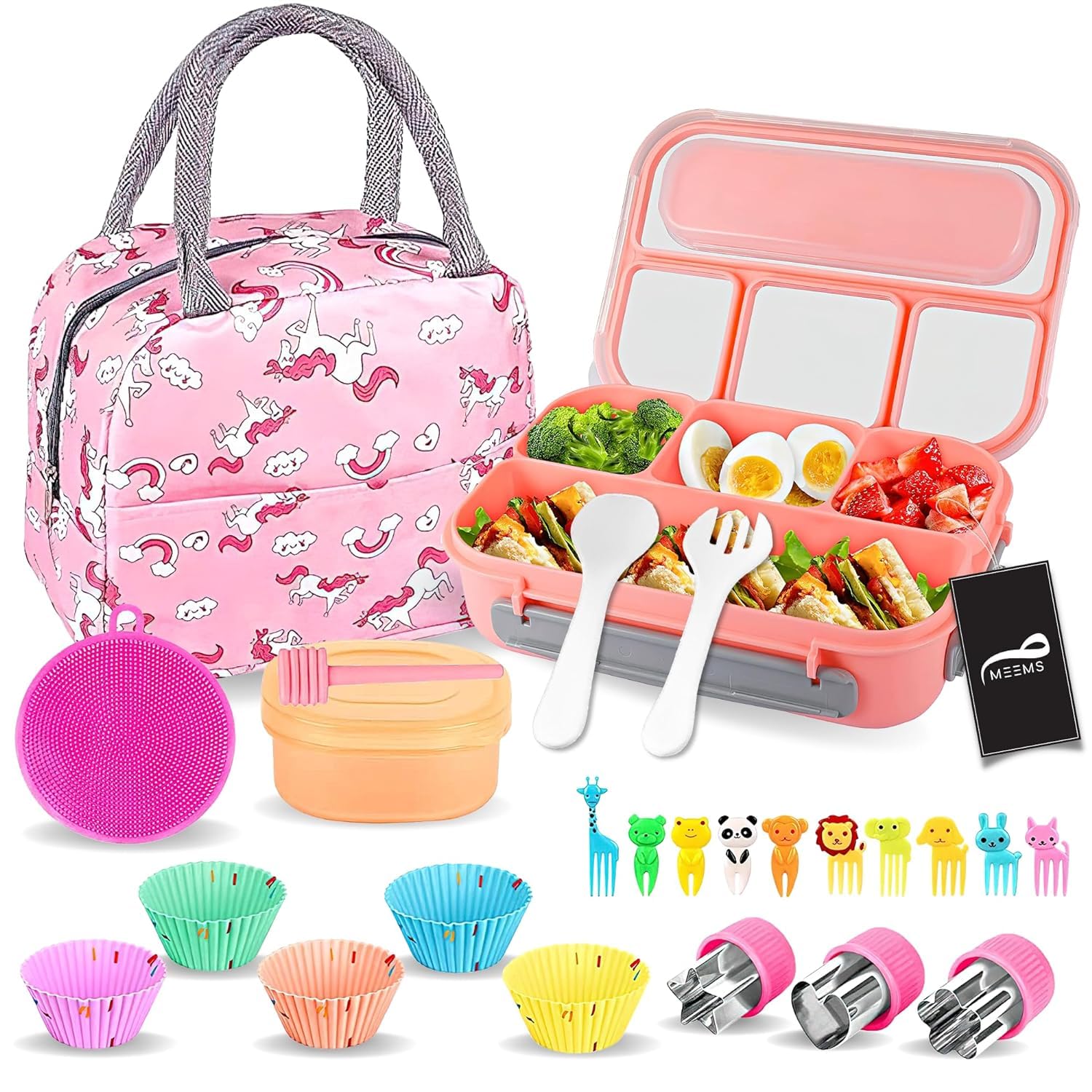 MEEMS 27Pcs Bento Box for Kids, 1300ML 4 Compartments Lunch Box Kit for Kids/Adult/Toddler, Durable Leak-proof Box with Spoon Fork Bag Accessories, Microwave Dishwasher Freezer Safe, BPA-Free (Pink)