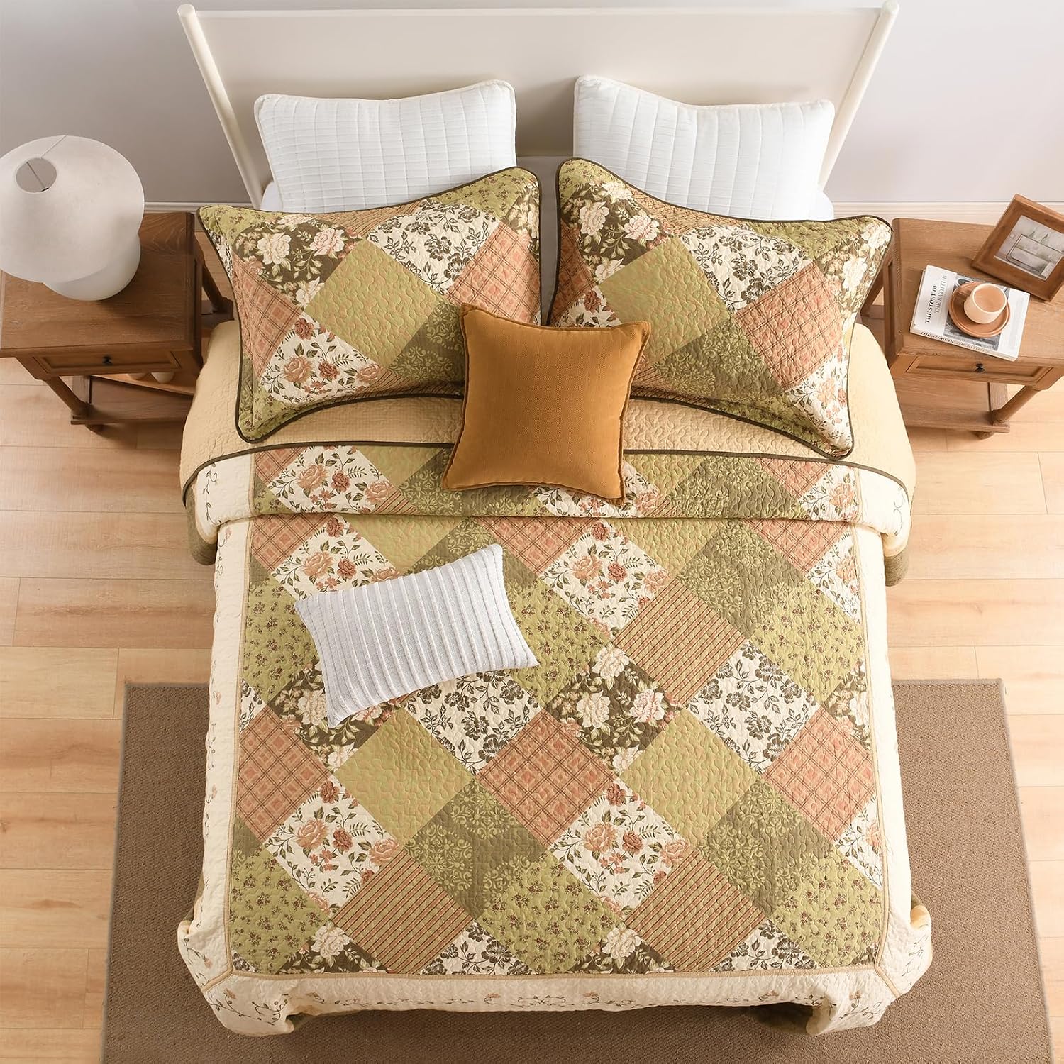 EWlinens 100% Cotton Oversized California King Bedspread - 120"x128" Extra Wide Quilt Bedding Set, Lightweight Floral Patchwork Plaid Reversible Cal King Bedspreads, 3pcs, Beige/Green/Warm Brown/Cream
