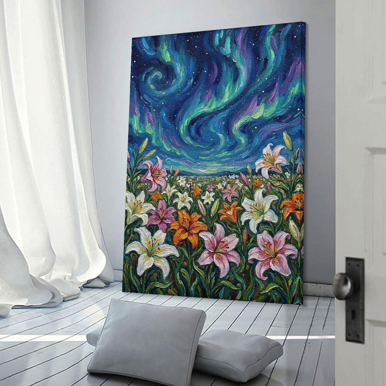 Junmoney Wall Art Print Lily Field Under Aurora Borealis Painting, 12x18inch(30x45cm), for Hallway, Bedroom Or Modern Interiors, Thoughtful Wall Decor for Art Lovers