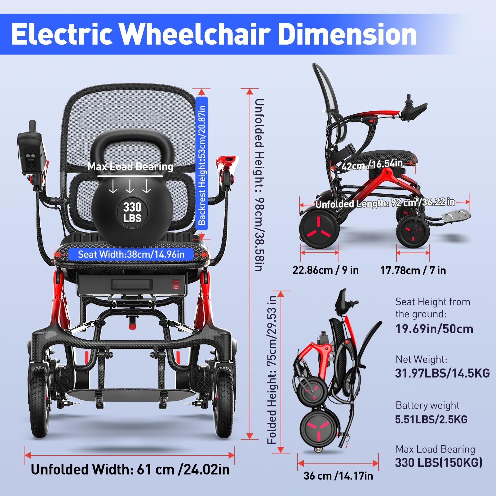 Sedia a rotelle elettrica in carbonio, leggera e pieghevole: sedia a rotelle elettrica con pneumatici antiforatura, sedia a rotelle elettrica con schienale traspirante, adatta per viaggi in aereo