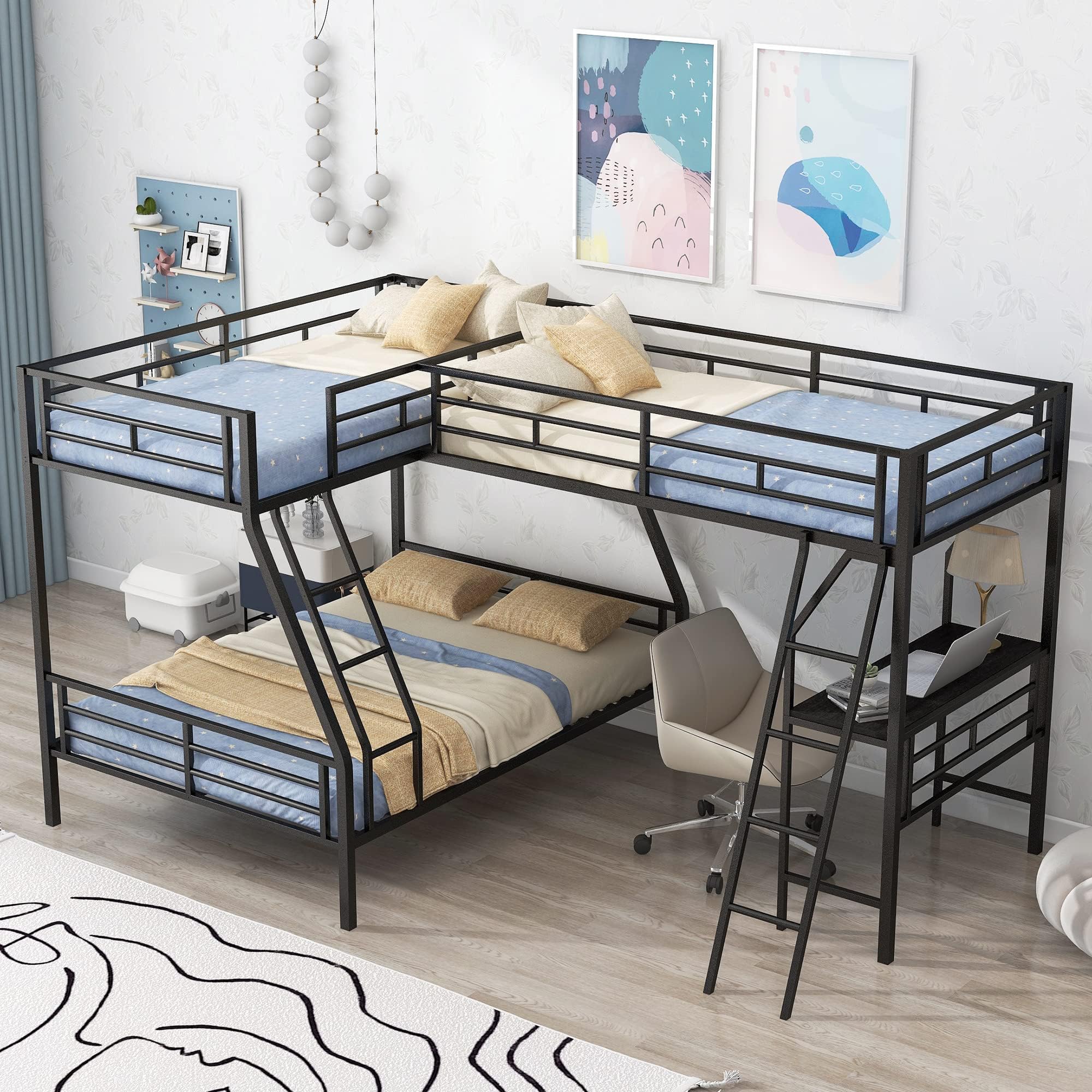Amazon.com: BOVZA Twin Over Full L-Shaped Metal Bunk Bed with a Twin ...