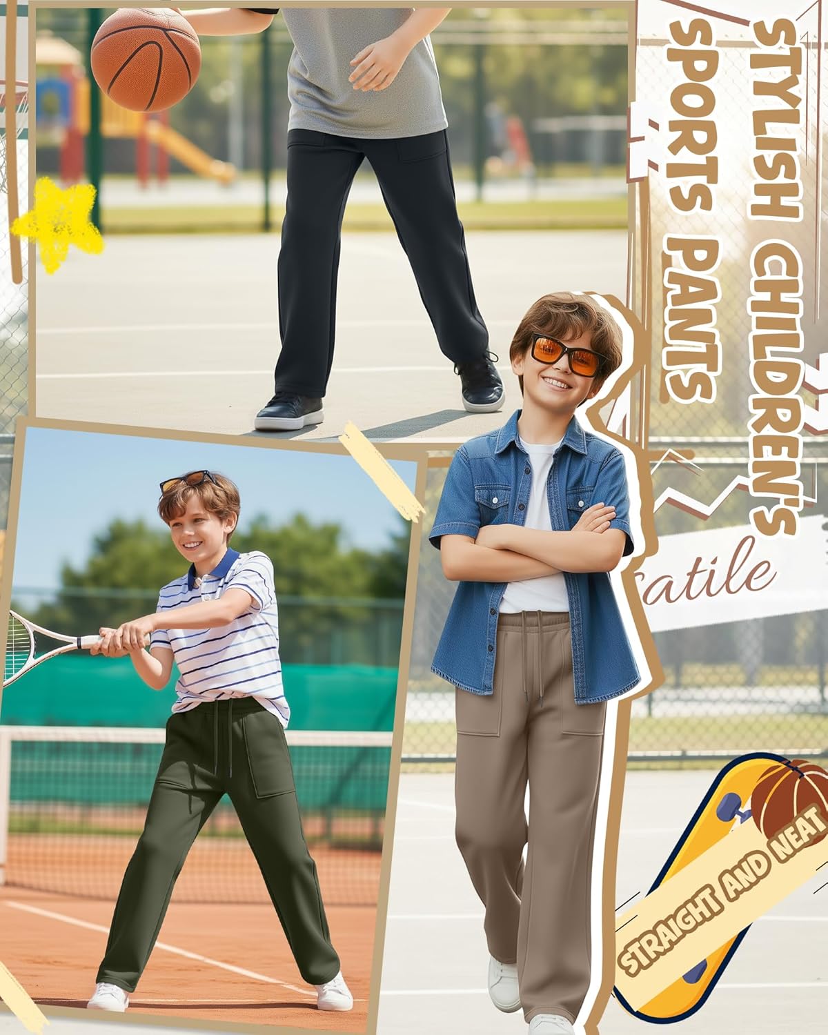 5 Pack Boys Baggy Sweatpants Teen Straight Leg Kids Athletic Pants Spring Lightweight Joggers with Pockets