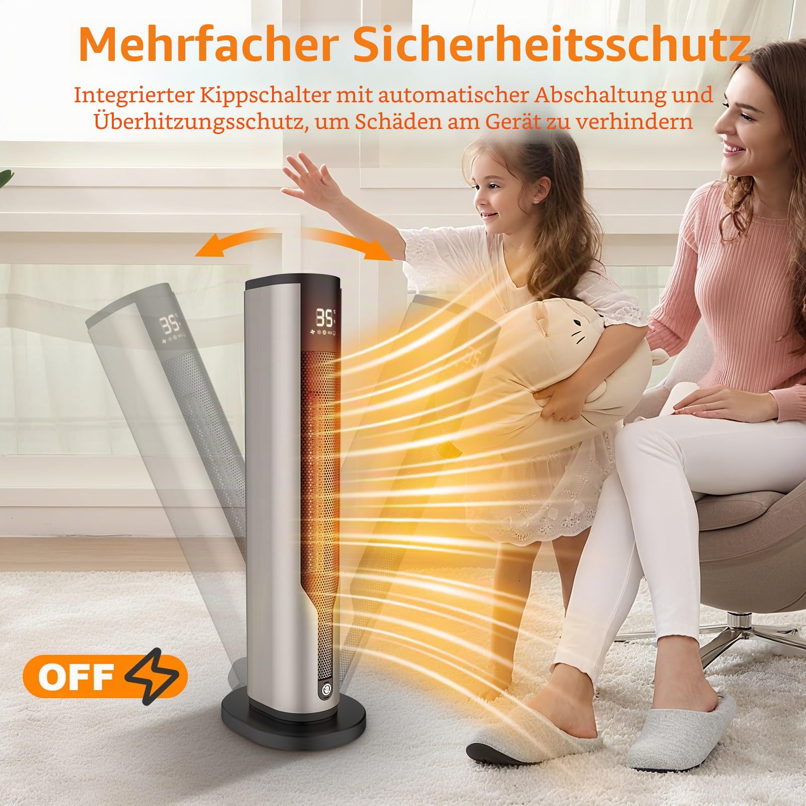 Heizlüfter Energiesparend,Niedriger Energieverbrauch 2000 W,Leiser Keramik-Heizkörper von 60 cm, Überhitzungs- und Kippschutz, 70°-Oszillation, 3 Modi, 12-Stunden-Timer