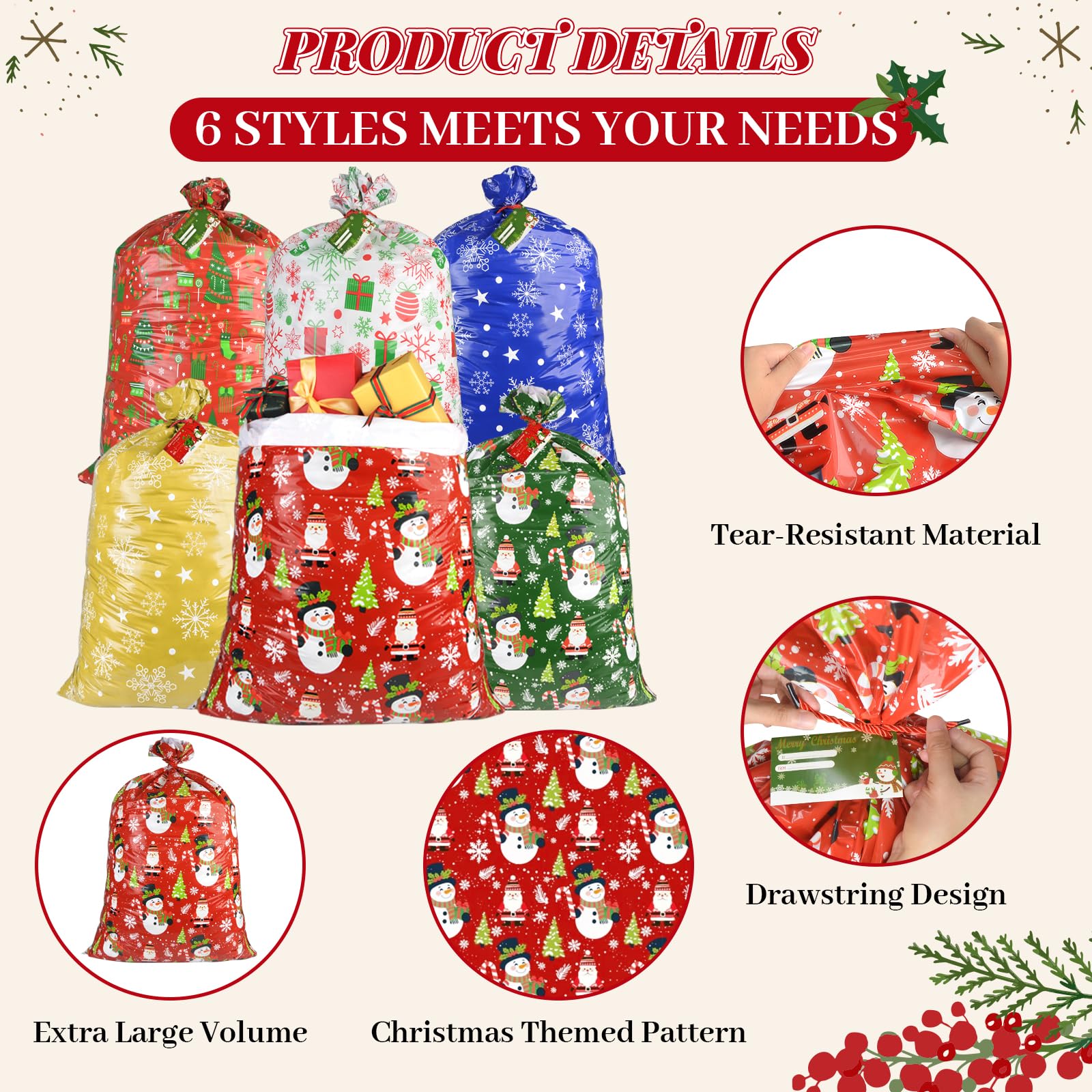 letesult 55" x 35" Extra Large Christmas Gift Bags, 6PCS Jumbo Christmas Themed Bags Holiday Gift Wrap Plastic Gifts Bag with Tag and String for Huge Big Gifts Presents Wrapping Bicycle Bike Gift Bag