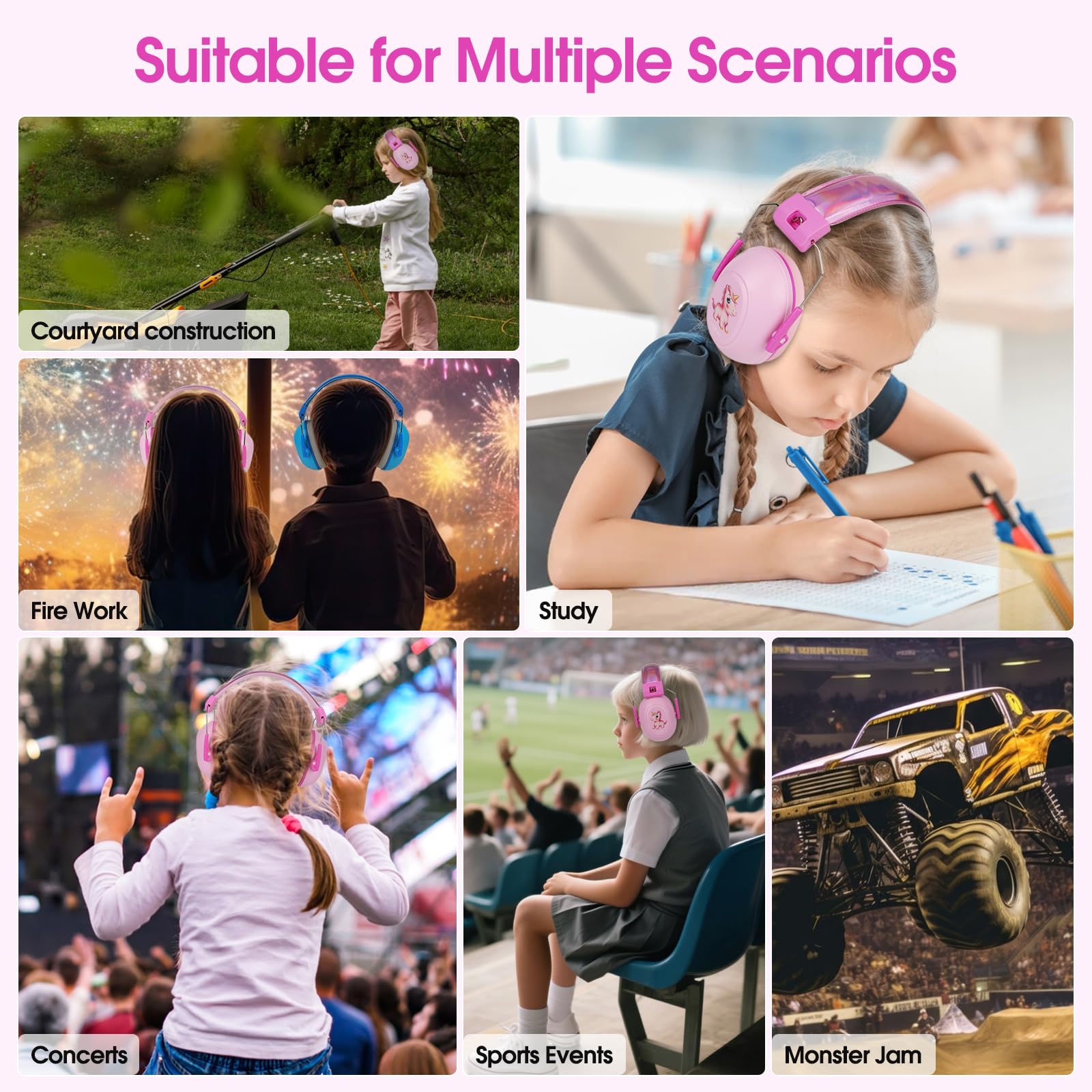 Floriogra Audífonos con cancelación de ruido para niños, SNR 29 dB, protección auditiva para fuegos artificiales, eventos, camión monstruo, para autismo, ayuda sensorial y concentración, protección